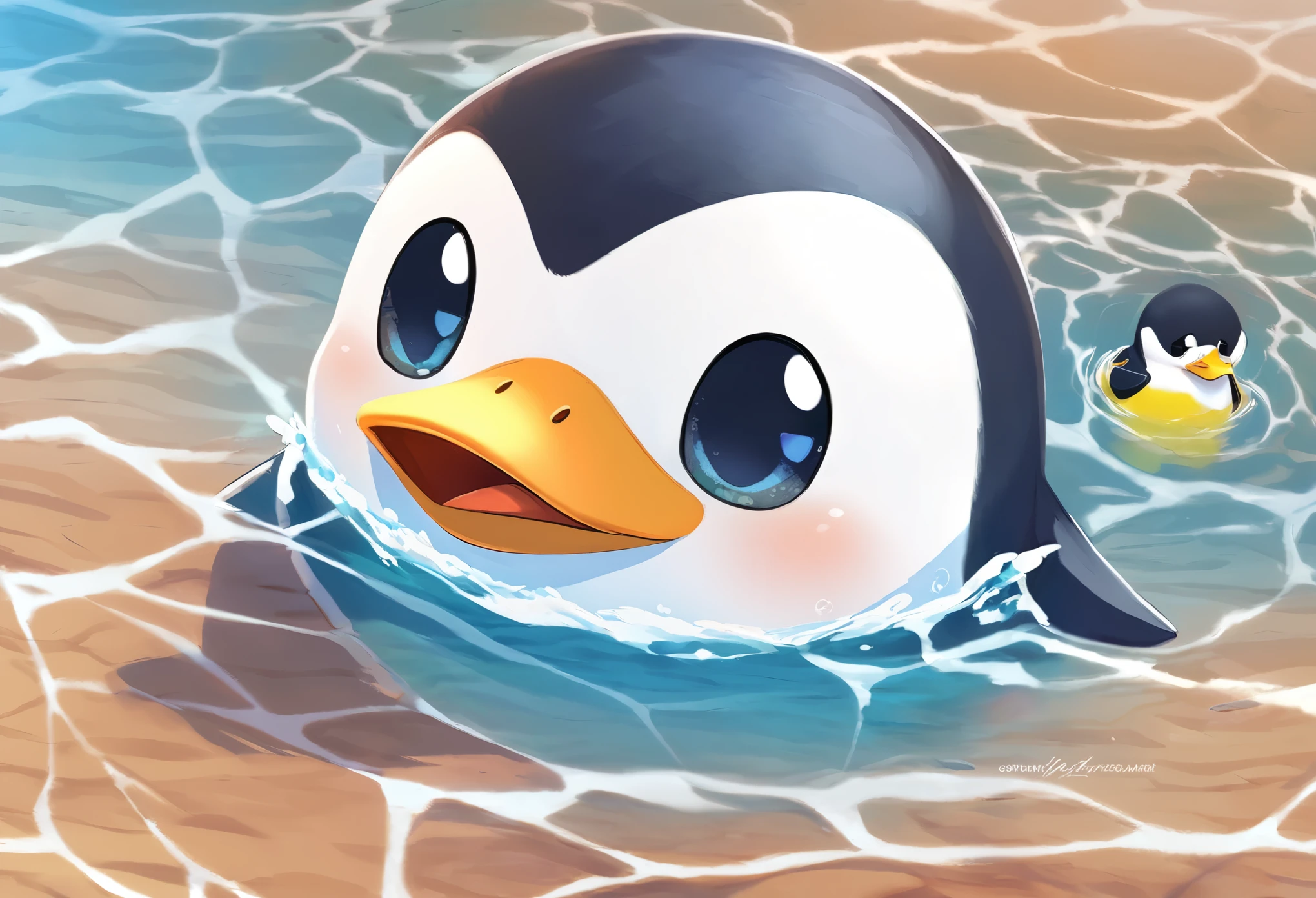 best quality, penguin with a duck mouth, cute no matter what he does, happily swimming hard