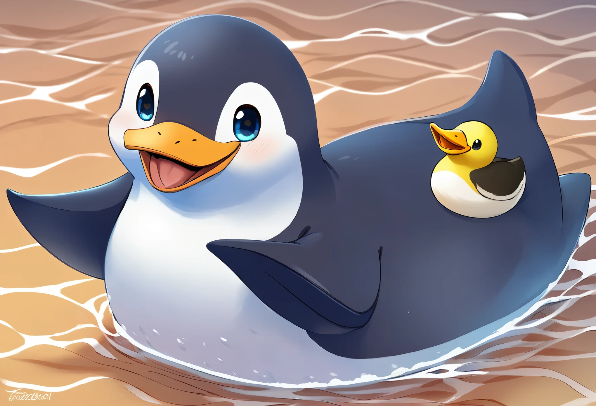 best quality, penguin with a duck mouth, cute no matter what he does, happily swimming hard