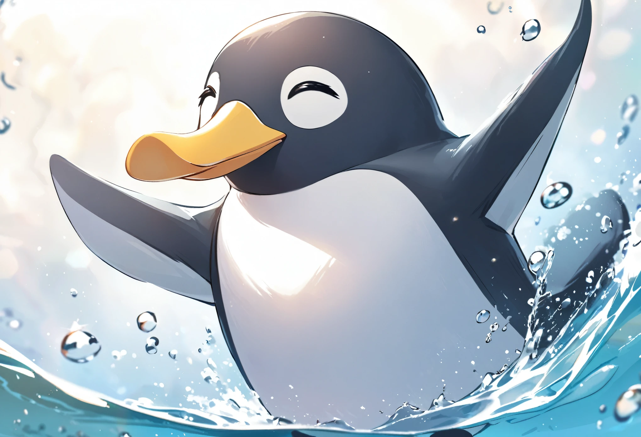 best quality, penguin with a duck mouth, cute no matter what he does, happily swimming hard
