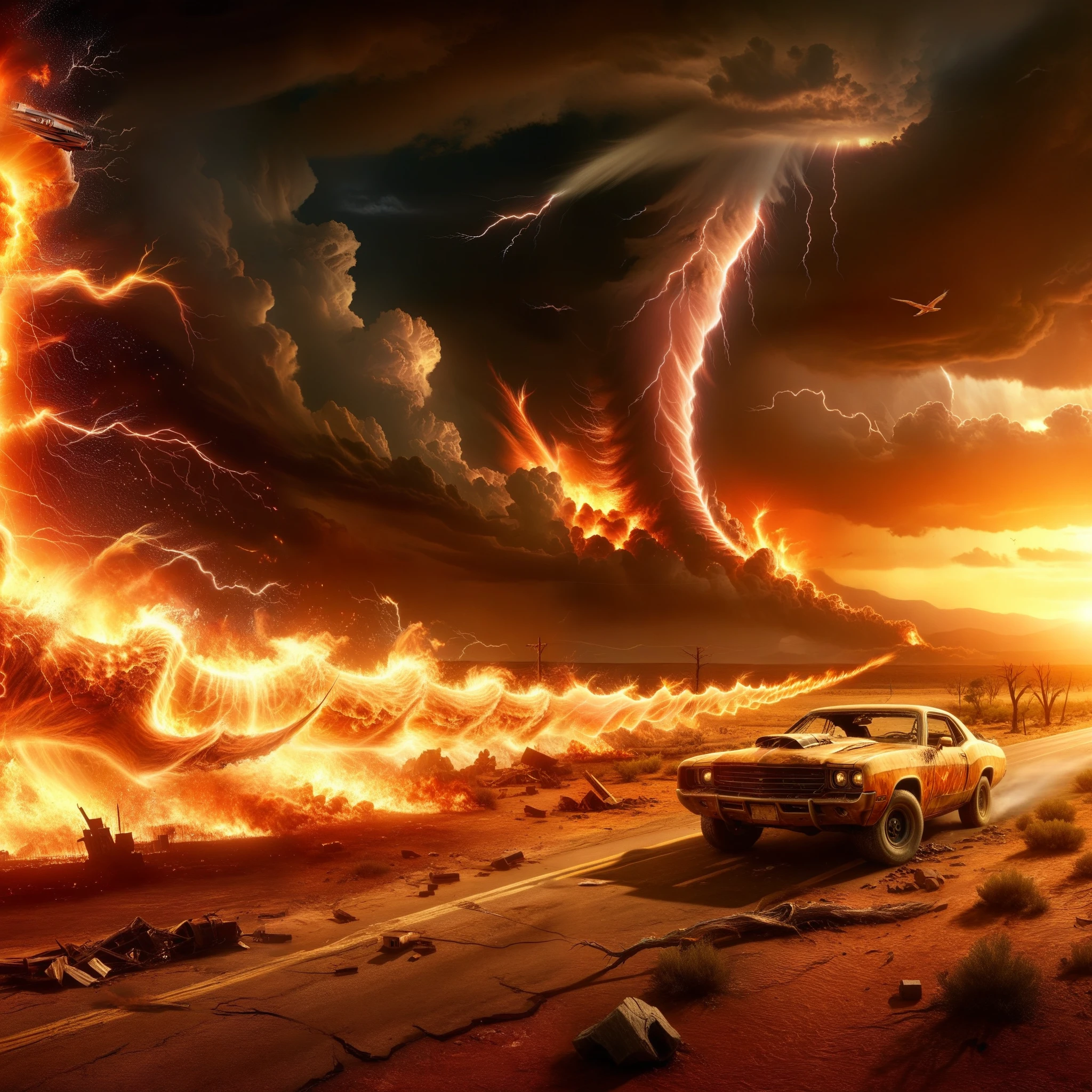 Lightning fire tornadoes ravage a desolate world, a testament to its dying breath.