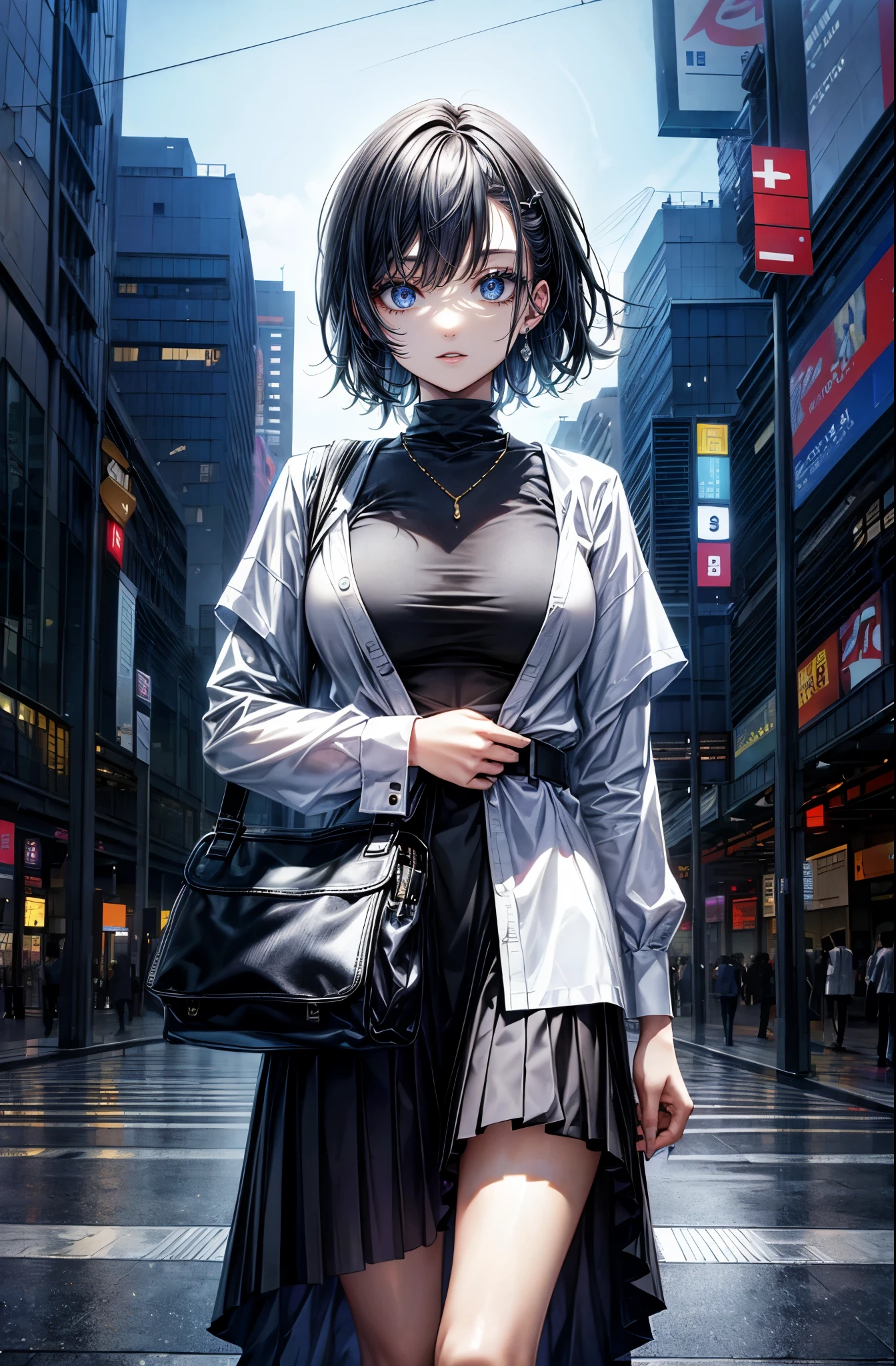 Hyper Quality、8K quality、High resolution、Image quality captured with a single-lens reflex camera、Perfect Anatomy、(black short hair:1.2)22 year old beauty.Mature face、blue eyes(Sharp look:1.4)(Good shape and normal breasts) BREAK Bright atmosphere((Short, thin knit top、Random color change:1.2)(Wear a short-sleeved T-shirt with asymmetrical color switching as an inner layer.:1.2)(Light pink as an accent color)(A long, wide, satin-like skirt with a loose silhouette、Plain gold gradient color:1.4)Gold Earrings、BREAK（Perfect Anatomy:1.4）break(Looking away:1.2)(Asahi、In front of Umeda Station in Osaka on a bright early morning:1.3)
