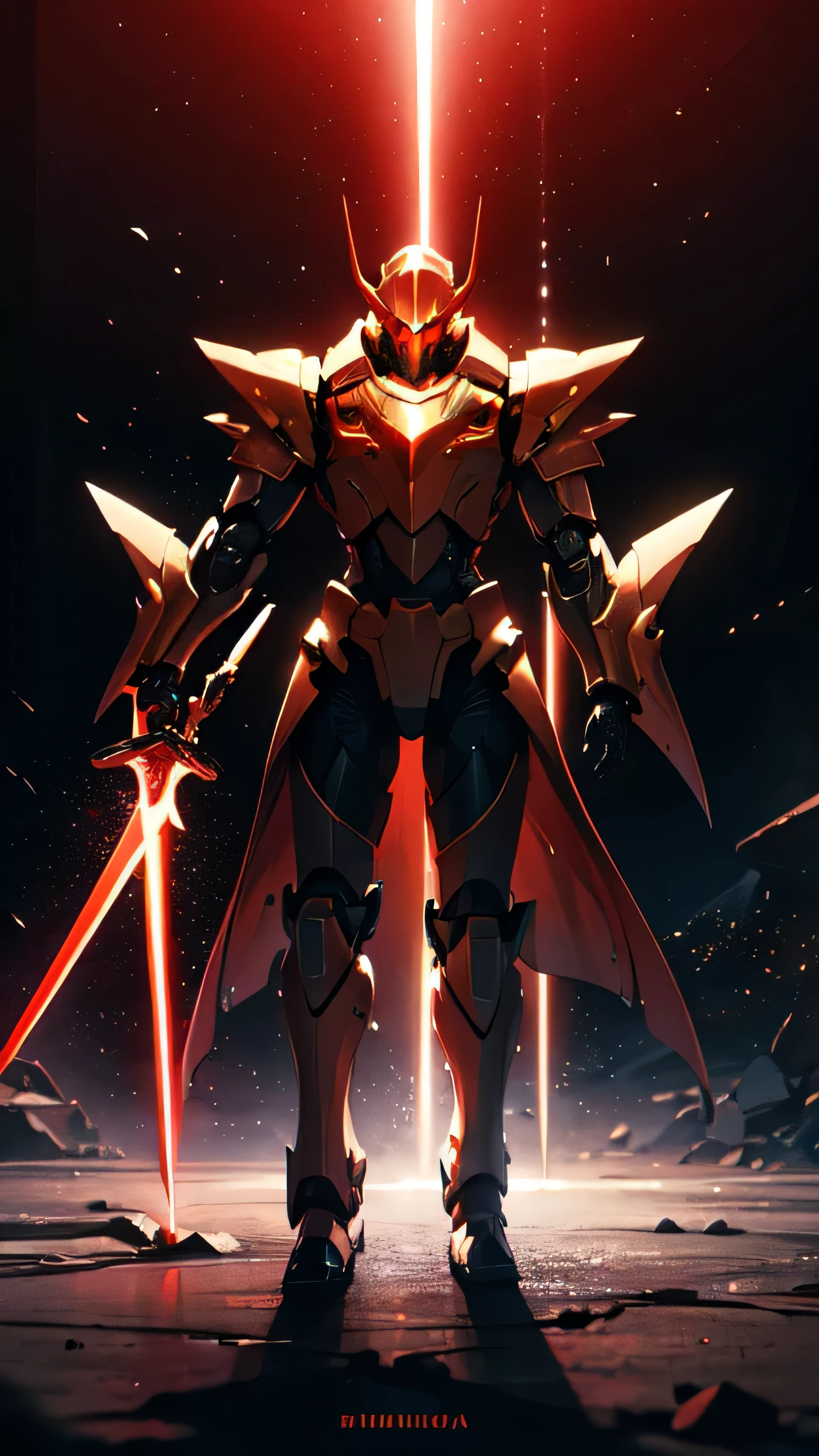 masterpiece, best quality, realistic,shiny,reflective,bioluminic, galactic cybernetic mask,galactic red-green mecha,(assassin:1.2), Robotic Knight, killing warrior pose, headdress,holding glowing red long sword,Galaxy,GlowingRunes_red,fullbody,cinemnatic,dark background,backlight,high contrast,