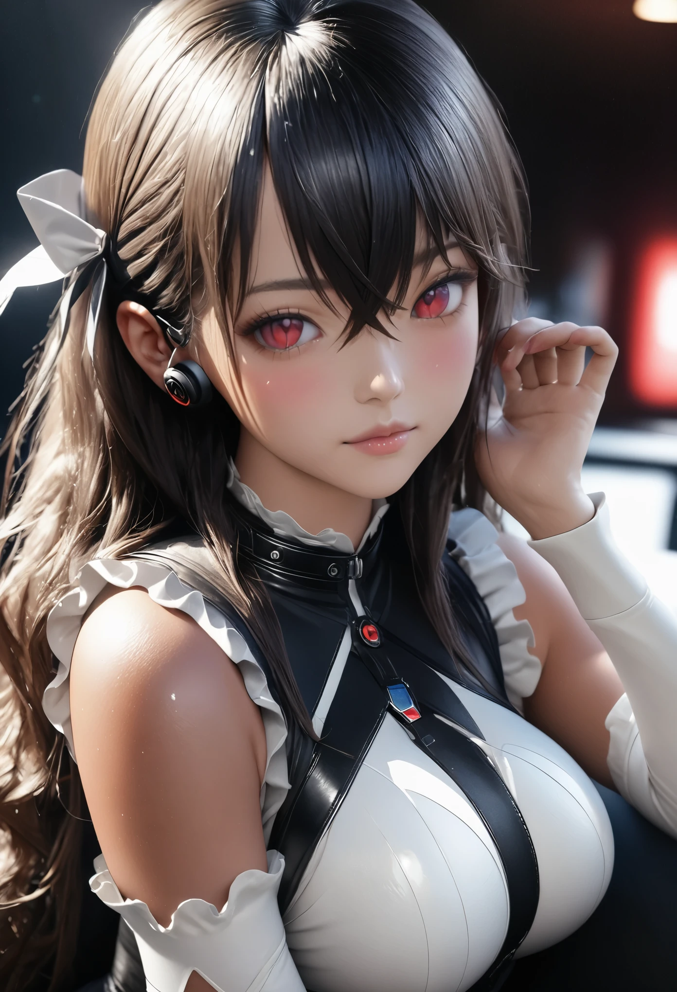 (masterpiece:1.3), (8K、photorealistic, Raw photo, best quality:1.4), Drawing a person using line art、Intricate details、High resolution、Depth Field、Natural light、Professional Lighting, (1 girl), (solo), (cute:1.2)、Very beautiful 18 year old manga girl、 Photorealistic anime girl rendering, Realistic anime 3d style, beautiful silver long hair, crossed bangs, asymmetrical bangs, Put out your ears、eyelash、Red eyes、Charm、(Big natural breast), (perfect anatomy), (hair ribbon, one-piece tan, clothes, detached sleeves, corset, frills, white panties), ((flered skirt)), (Sophisticated headphones)、glowing skin, (high detail skin: 1.2), (Futuristic luxury car interior、Sitting in a car seat、Lift your legs、Spread your legs)、(short boots)、(Sexy Girl:1.2)、Red sunset clouds、it's raining、A decadent and futuristic city area at night、(cyber punk)、(futuristic car、Flashing red light)、Soft Light、Bright colors、