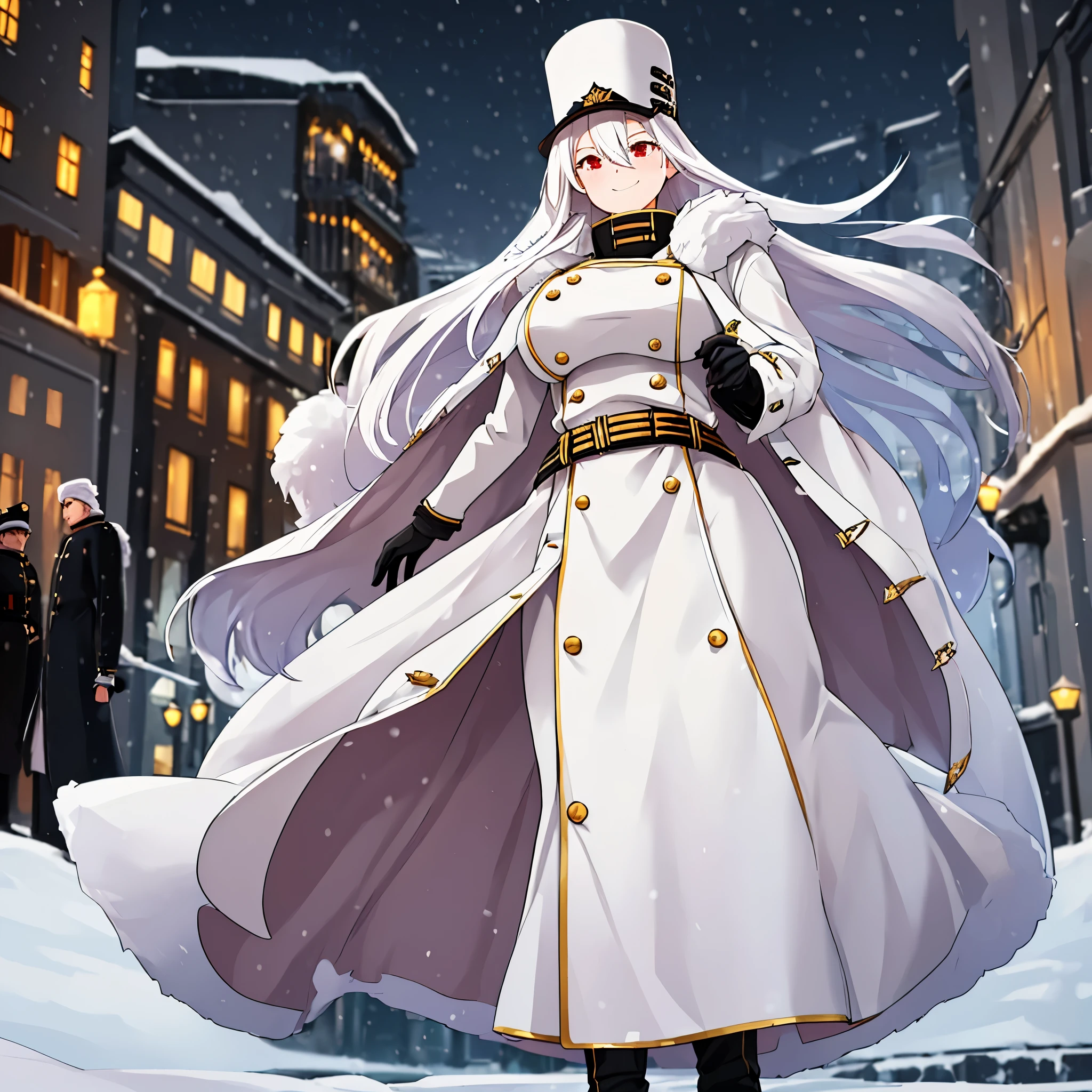 A woman wearing long white military dress with gold details, wearing a long white fur coat, imperial Russian military hat, long white hair, black boots, smiling, big breasts, red eyes, walking on a city promenade in snowy weather , orange lighting, at night,HDR, ultra resolution, well defined, masterpiece, 8K HD (woman solo )
