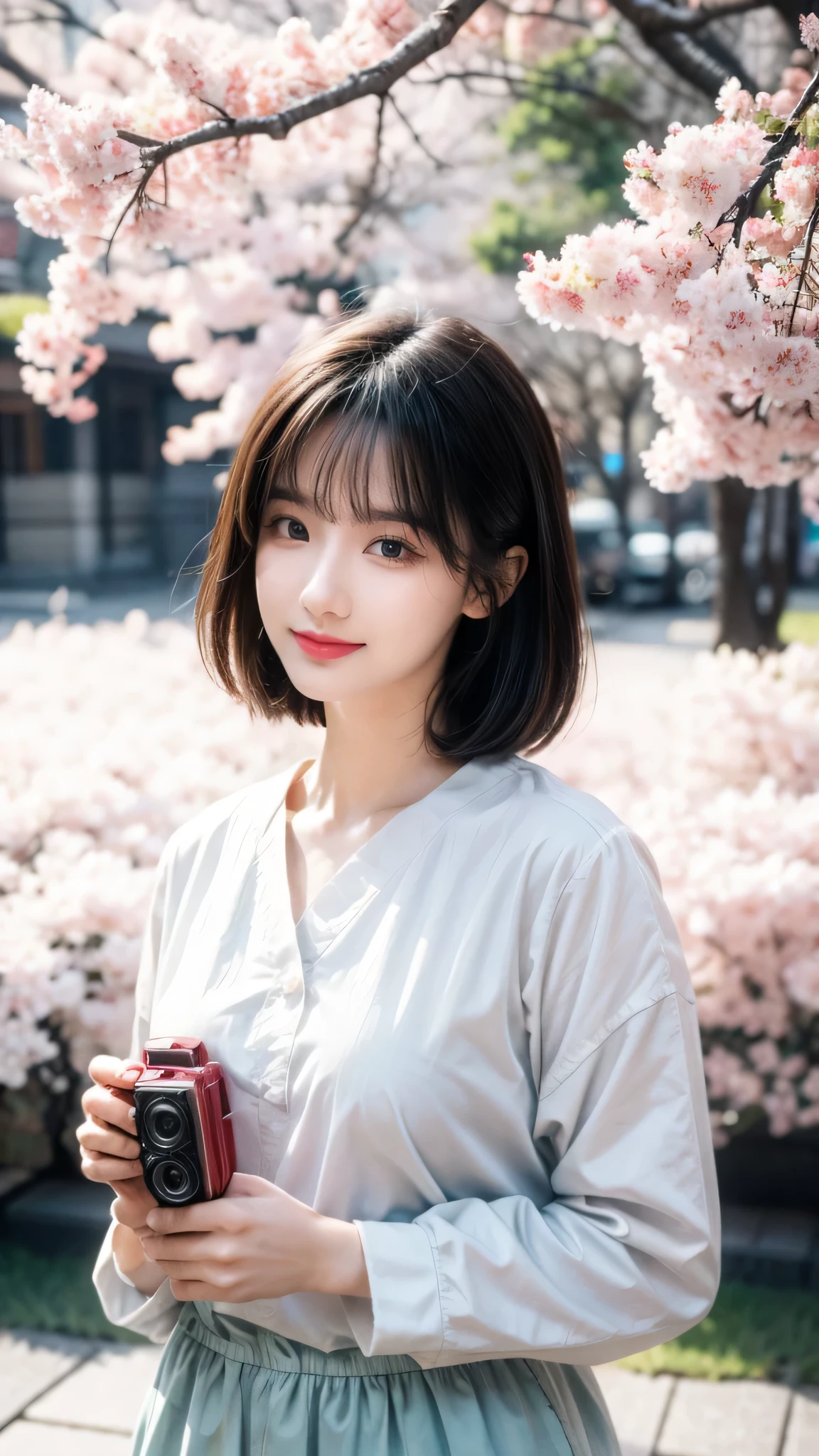 Retro Photography, 1960s , Agfa, Kodak, 1 Girl, portrait, Watching_exist_Viewer, Smile, Japan, Tokyo, Cherry blossoms, Octane Rendering, Solitary, rtrophto1