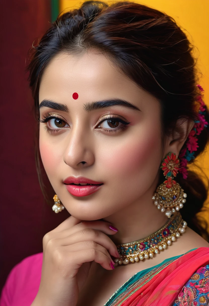 ((masterpiece, realistic, best quality, extremely intricate, solo, 1girl)), color connection, colorized, vibrant color scheme, colorful, spot color, nsfw, (portrait, face focus), nose blush, Pakistani Actress, yumna zaidi,