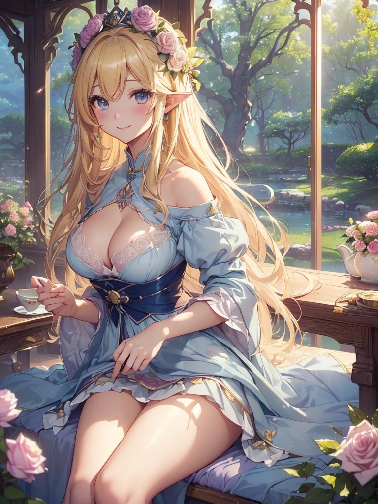 最high quality、Best image quality、masterpiece、Beautiful Face、、Titania、Super beautiful elf girl((22 year old office lady big bust、Bust 90,Beautiful long ironed hair、blonde、height: 165cm。thin、Beautiful dress、Beautiful thighs、cowboy shot,、Esbian、、Sumptuous cuisine、a lotの食べ物、table、tea、spring、青いnull、high quality、美しいart、、Pieces fly、ビジュアルart、Depth of written border、flowerの冠、ライトのmagic、Happy smile、gentle lights、Beautiful Forest、flower園の丘、Beautiful hills、elegant、ticker beautiful decorative、、、mystery的な　Rosa、Rose、　null、art、Lord of the Ring、Spectacular scenery、sexy、A friendly smile、Wonderful nature、宇宙のmagic、magicのライト、Fantasy、flower、super REALITYa lotのRose、magic、Grow Fantasy、、mysteryのライト、Art Nouveau、Alphonse　a lot、、art、art,mystery,UHD,magicalgentle light,sexy