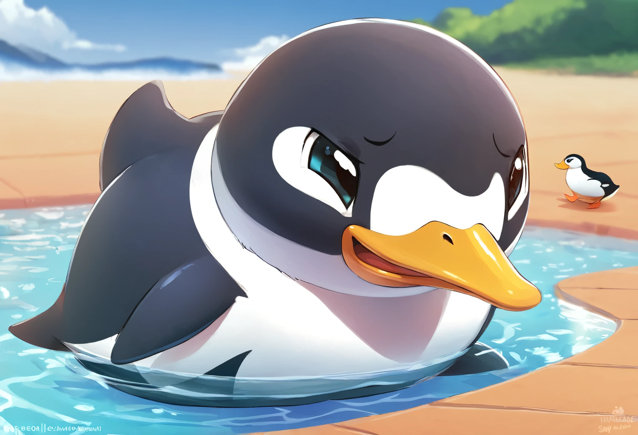 super deformed, furry, funny, fluffy, best quality, penguin with a duck mouth, cute no matter what he does, happily swimming hard