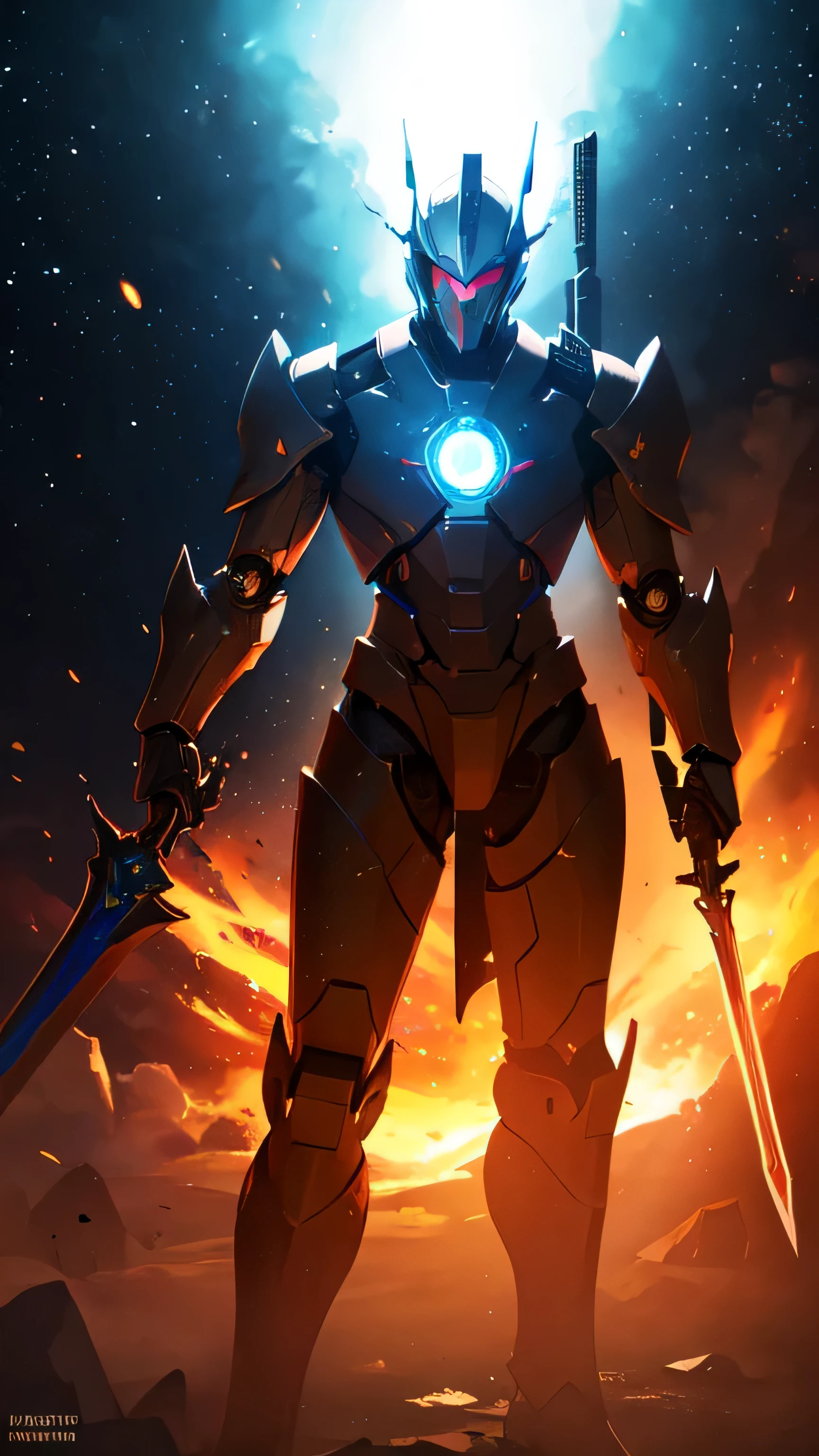 masterpiece, best quality, realistic,shiny,reflective,bioluminic, galactic cybernetic mask,galactic red-green mecha,(assassin:1.2), Robotic Knight, killing warrior pose, headdress,holding glowing red long sword,Galaxy,GlowingRunes_red,fullbody,cinemnatic,dark background,backlight,high contrast,
