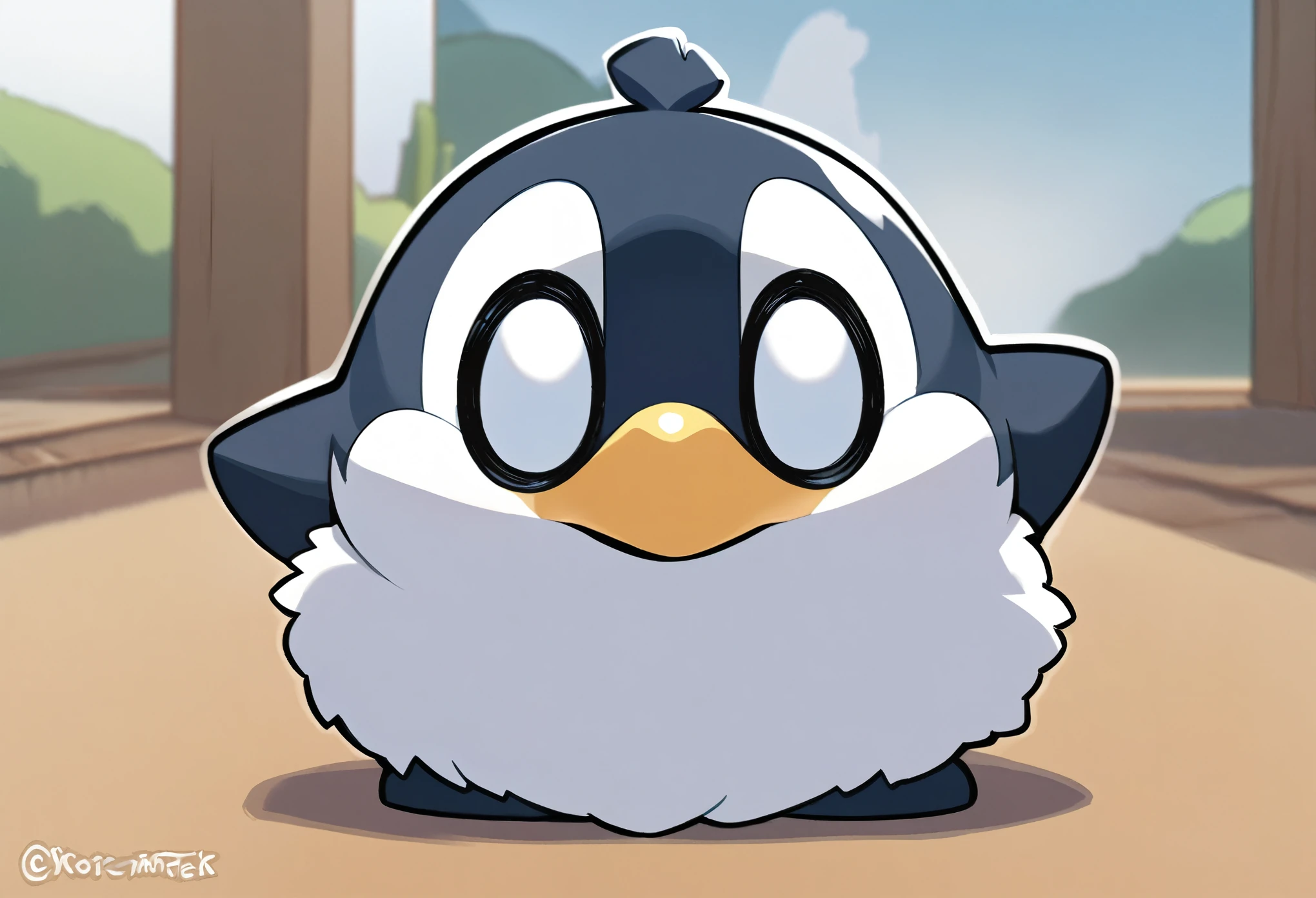 super deformed, furry, funny, fluffy, best quality, penguin with a duck mouth, cute no matter what he does, happily swimming hard