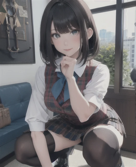 (Masterpiece), (Best Quality), Intricate Detail, 1girl, Solo Focus, Skindentation, Perfect Face, Beautiful Face,Sharp, Sharp, High Quality, f(ACE),
Office Lady, Tight Pencil Skirt, (Plaid Vest), Black Hair, Random Hairstyle, Company, Office Room, Work, Full Body, looking_at_viewer, Black Stockings, Mini Skirt, Garter Belt, Dark Lips,Squat、Crouching、Depict the whole body、Full Body