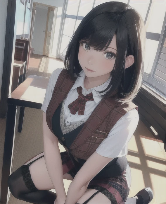 (((((kid)))))、1girl、独奏、sleeveless、ssmile、The shirt、sitted、looking at the spectator、plein air、Tuck your shirt between、skirt by the、sleeveless shirts、chignon、chignon、White shirt、A dark-haired、breastsout、Black skirt、bangss、Blur the background、daytime、Collar shirt、brown-eyed、Blurring、Benches、Exposed shoulders, (Dynamic Pose, Very detailed and beautiful girl, intricate-detail, Beautiful detailed girl, Game CG, Highly detailed body, delicate and intricate hair, realistic and detailed face, Highly detailed eyes and face, Intricate details are beautiful and delicate eyes, Delicate arm and hands, Human Hands, Real skin texture, Exquisite fabric, plein air, Indoor , beautiful and clear background, absurdity, High-precision details, Highly detailed CG Unity 8K, Ultra-detailed)