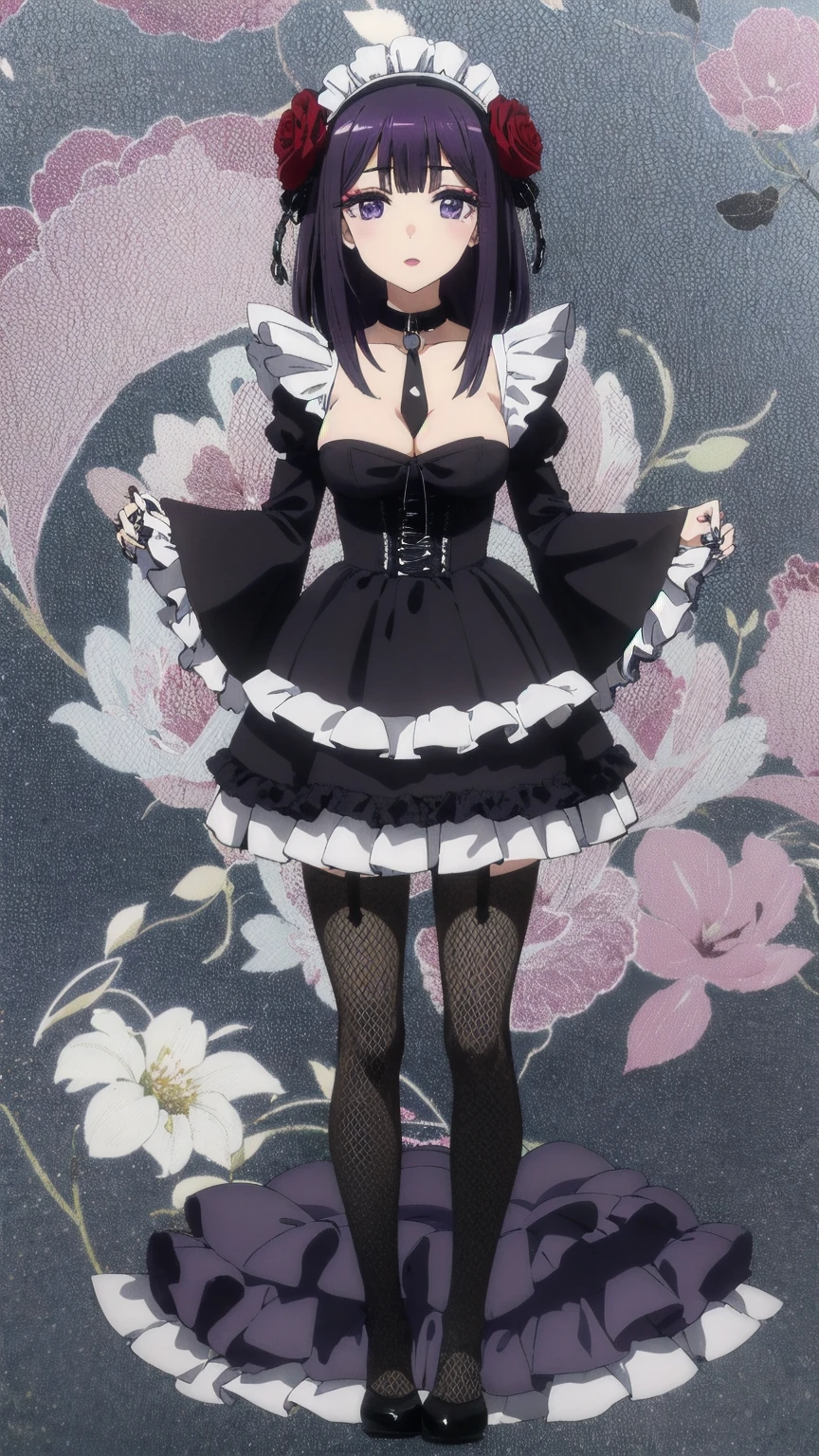 (((Pixel Perfect, Perfect detail))), 1girl, solo, shizuku kuroe, headdress, maid headdress, bangs, hair ornament, long sleeves, dress, cleavage, (purple eyes:1.1), purple hair, flower, frills, necktie, hair flower, wide sleeves, blunt bangs, nail polish, black dress, collar, cosplay, makeup, detached collar, rose, chain, frilled dress, lipstick, frilled sleeves, red flower, black necktie, leash, purple nails, chain leash, full Body