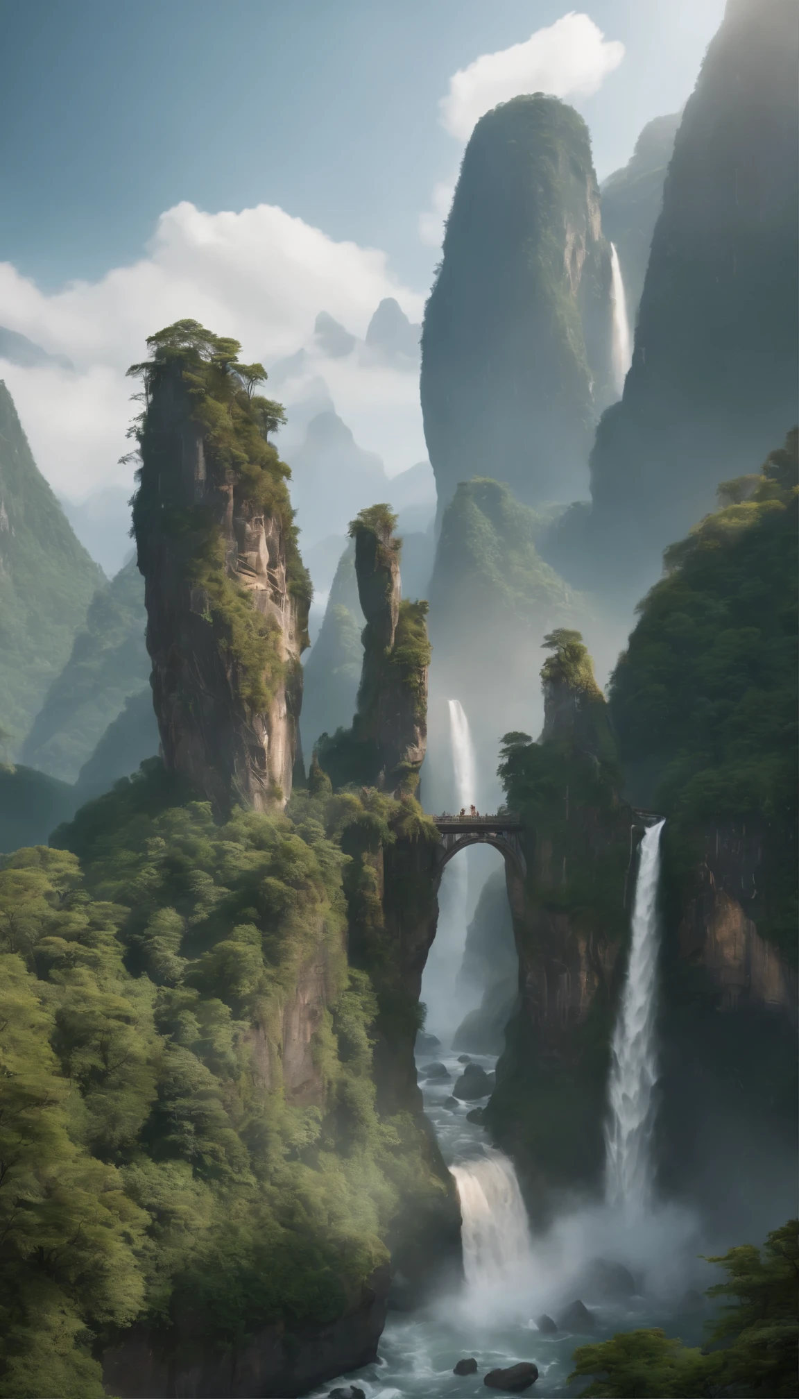 At the heart of this mysterious landscape、Towering cliffs overlooking breathtaking waterfalls。There are some arch-shaped stones on the top of the cliff.、It creates an out-of-this-world atmosphere。This enchanting setting、Top quality matte painting brings it to life、8K resolution delivers incredible detail and stunning realism。 For those looking to bring this captivating image into their home、There are portrait wallpaper options in both 8K and 4K resolutions。These high-definition renderings、Immerse yourself in this realistic fantasy world of the Lost Series、Perfect as a standalone piece of art