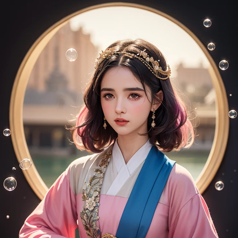 （（（Single eyelid）））Snow hoop exclusion area 32K（tmasterpiece，k hd，hyper HD，32K）Long flowing purple-pink hair，Autumn Pond，zydink， a color， Tongzhou people （Girl with glowing eyes）， （Thin silk scarf）， Side squat position， looking at the ground， long whitr hair， Floating hair， Python headdress， Chinese long-sleeved clothing， （abstract ink splash：1.2）， white backgrounid，Lotus protector（realisticlying：1.4），Purple-pink hair，Snowflakes fluttering，The background is pure， A high resolution， the detail， RAW photogr， Sharp Re， Nikon D850 Film Stock Photo by Jefferies Lee 4 Kodak Portra 400 Camera F1.6 shots, Rich colors, ultra-realistic vivid textures, Dramatic lighting, Unreal Engine Art Station Trend, cinestir 800，Long flowing purple-pink hair，((masterpiece)). This artwork is sweet, dreamy and ethereal, with soft pink watercolor hues and candy accents. Generate a delicate and demure fae exploring a (bubblegum world with a wide variety of pastel shades). Her sweet face is extremely detailed and realistic with elegant features and a fierce expression, and looks like ((((naomi scott)))). Include mature features and stunning, highly realistic eyes. Her eyes are important and should be realistic, highly detailed, and beautiful. In high definition and detail, include lots of details like stars, galaxies, colorful bubbles, colorful petals, and lots of energy and emotion! The stars and colorful bubblegum bubbles are important! Include fantasy details, enhanced details, iridescence, colorful glittering wind, and pollen. Pay special attention to her face and make sure it is beautifully and realistically detailed. The image should be dreamy and ethereal.8k, intricate, elegant, highly detailed, majestic, digital photography