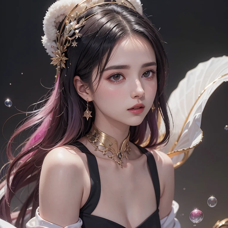 (((Single eyelid)))Snow hoop exclusion area 32K(tmasterpiece,k hd,hyper HD,32K)Long flowing purple-pink hair,Autumn Pond,zydink, a color, Tongzhou people (Girl with glowing eyes), (Thin silk scarf), Side squat position, looking at the ground, long whitr hair, Floating hair, Python headdress, Chinese long-sleeved clothing, (abstract ink splash:1.2), white backgrounid,Lotus protector(realisticlying:1.4),Purple-pink hair,Snowflakes fluttering,The background is pure, A high resolution, the detail, RAW photogr, Sharp Re, Nikon D850 Film Stock Photo by Jefferies Lee 4 Kodak Portra 400 Camera F1.6 shots, Rich colors, ultra-realistic vivid textures, Dramatic lighting, Unreal Engine Art Station Trend, cinestir 800,Long flowing purple-pink hair,((masterpiece)). This artwork is sweet, dreamy and ethereal, with soft pink watercolor hues and candy accents. Generate a delicate and demure fae exploring a (bubblegum world with a wide variety of pastel shades). Her sweet face is extremely detailed and realistic with elegant features and a fierce expression, and looks like ((((naomi scott)))). Include mature features and stunning, highly realistic eyes. Her eyes are important and should be realistic, highly detailed, and beautiful. In high definition and detail, include lots of details like stars, galaxies, colorful bubbles, colorful petals, and lots of energy and emotion! The stars and colorful bubblegum bubbles are important! Include fantasy details, enhanced details, iridescence, colorful glittering wind, and pollen. Pay special attention to her face and make sure it is beautifully and realistically detailed. The image should be dreamy and ethereal.8k, intricate, elegant, highly detailed, majestic, digital photography