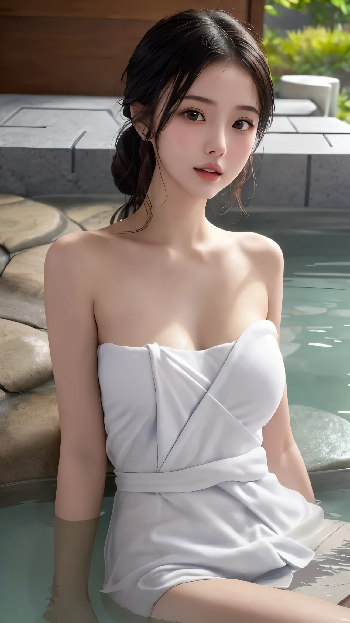 beautiful and delicate face, photo of a Young girl, ((Kpop Idol)), (aegyo sal: 1.27), Pale skin, {{messy long hair}}, (Big breasts: 1.475), soft (firm breasts: 1.475), beautiful and delicate eyes, unfolded, ((Transparent fabric: 1.3) (white high-leg cut (shoulderless swimsuit, thong) chest cutout), Bare shoulders, Bangs, (Puffy eyes)), looking to side, Smiling, cute, Swimming Pool, plein air, Glowing skin, Sitting, Open legs, Dynamic Pose, ((Open legs), (Camel toe, Cameto, Dark Areola, Vulvar shape: 1.35)), ((Erect nipple))), ((Erect nipple))), (NSFW), (64k uhd, Raw photo, Best quality, masutepiece: 1.45), (NSFW: 1.075)