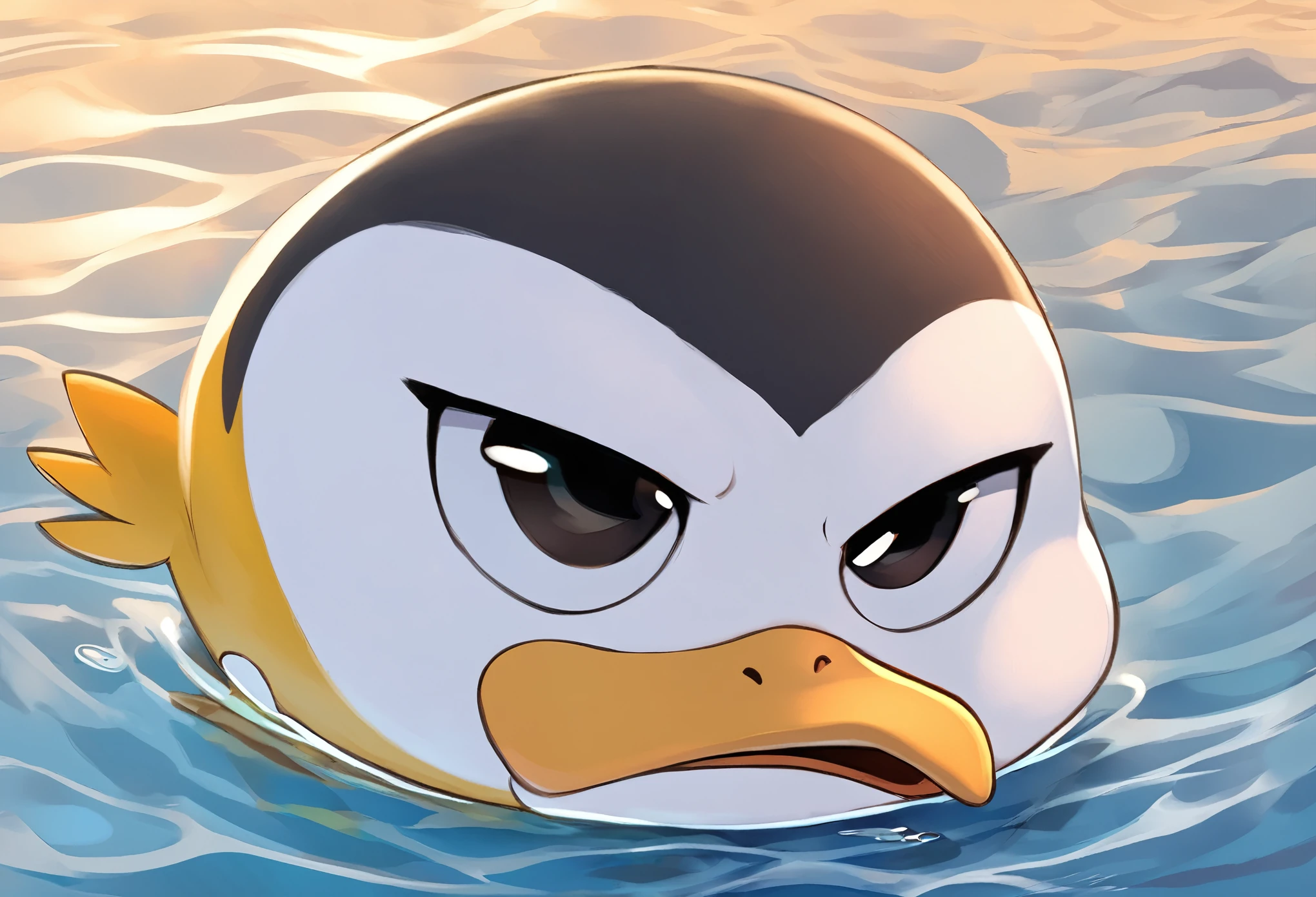 super deformed, furry, funny, fluffy, best quality, penguin with a duck mouth, cute no matter what he does, happily swimming hard