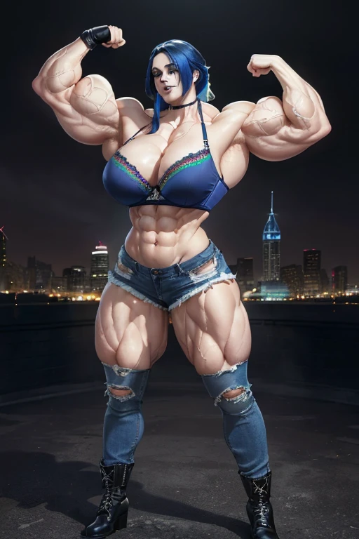 (((((Massive tall, beautiful, buff, pale white skinned muscular woman with royal blue hair, black lipstick, ginormous bulky muscles, flexing biceps, and wearing a royal blue lace bra with tight denim shorts))))), close view, massive muscle, massive biceps, hyper muscle shoulders, (massive muscle arms), vascular shoulders, hyper muscle triceps, (long curly wavy hair), black eyes, choker, (long fingerless gloves), black boots, (in a rainbow city), confidant smile, night, hyper vascular arm, hyper muscles arms, hyper muscle legs, (massive arms).