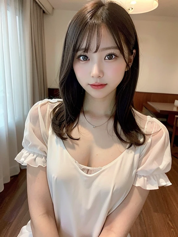 ((highest quality, 8k, Tabletop: 1.3, RAW Photos)), Sharp focus: 1.4, (1. AESPA Girl :1.1), alone, (Realistic, Realistic: 1.37), (Face Focus: 1.2), Cute face, Ultra detailed face, Short, unkempt hair, Small breasts, Flat Chest, nude, Chiffon panties, Hotel,