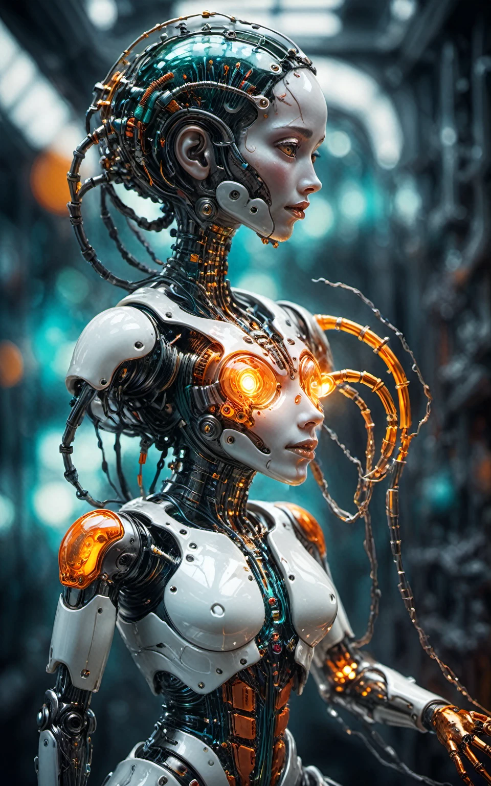 concept art cinematic film still insanely detailed photograph,a half machine half female cyborg,flesh and wiring,glowing metallic bones,tubes of glowing liquid,dissected human with machine interior,. shallow depth of field,vignette,highly detailed,high budget,bokeh,cinemascope,moody,epic,gorgeous,film grain,grainy,. digital artwork,illustrative,painterly,matte painting,highly detailed, include colors white pearl gold jade, orange, teal