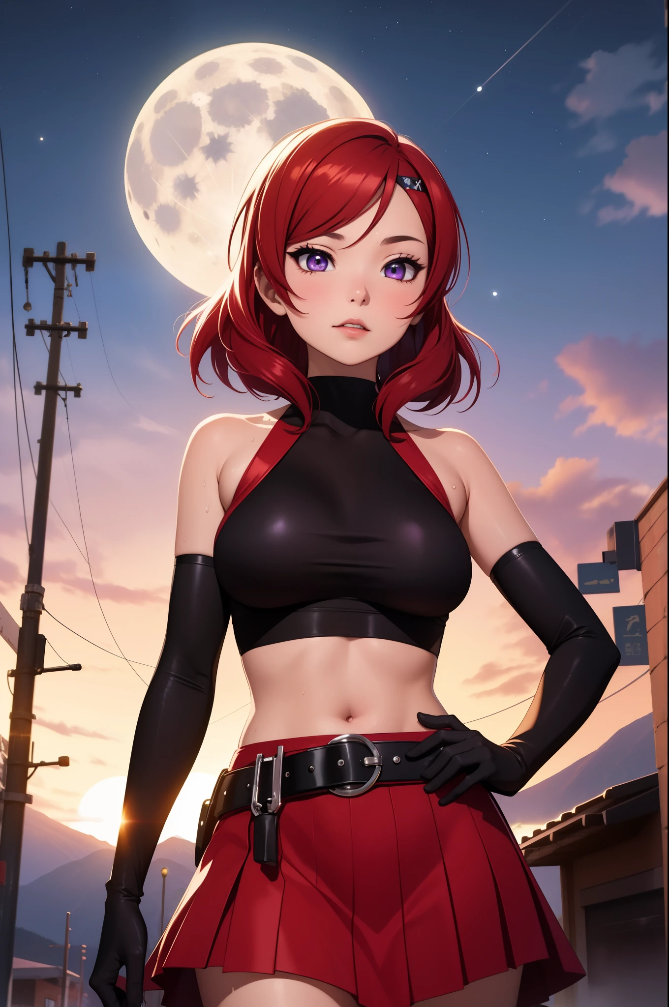 (Masterpiece, Best Quality, High Quality), facing viewer,volumetric lighting, illustration, beautiful, perfect lighting, perfect shadows,Nishikino maki , cowboy shot, (red and purple tight crop top), halter neck,breasts aside, elbow gloves, plain red skirt,belt, in street , solo, (standing:0.8), purple eyes ,red hair ,in mountains,under moonlight ,(moist skin:1.2),(shiny skin:1.1), moonlight, night, yellow headband