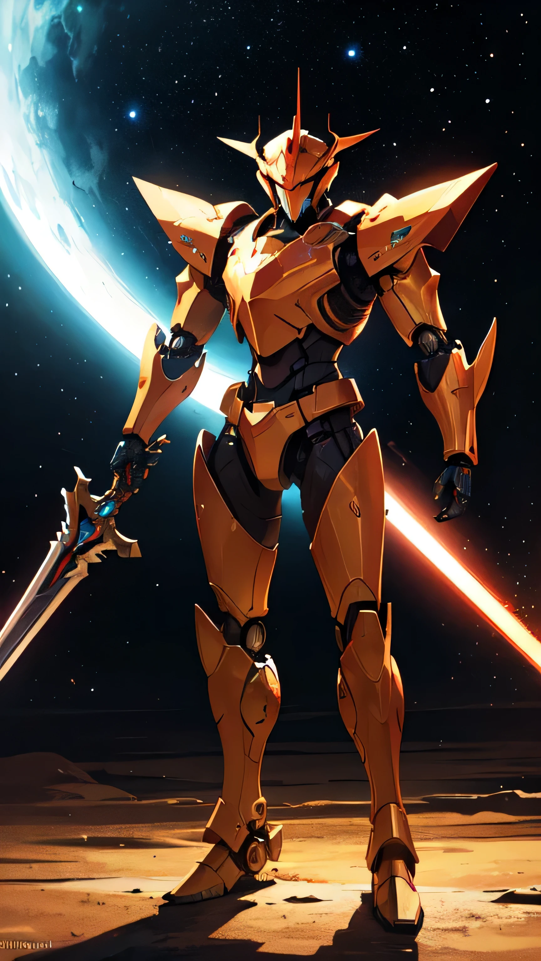 masterpiece, best quality, realistic,shiny,reflective,bioluminic, galactic cybernetic mask,galactic red-green mecha,(assassin:1.2), Robotic Knight, killing warrior pose, headdress,holding glowing red long sword,Galaxy,GlowingRunes_red,fullbody,cinemnatic,dark background,backlight,high contrast,