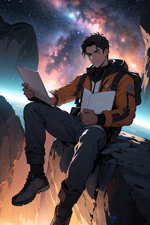 Dibuja un joven programador., sitting on a research platform floating in the middle of an asteroid belt. He is studying with a notebook., rodeado por varios asteroides que brillan con auras de fuego. Spectacular illumination of distant stars and planets illuminates the scene., proyectando sombras profundas sobre el traje. El joven parece confiado y decidido., mirando el vasto y misterioso universo con asombro y respeto,vello facial, tiro de vaquero,