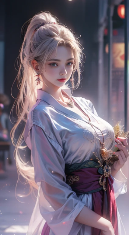 1 beautiful girl in hanfu, ((white、light purple silk shirt，Plenty of texture)), White Lace Tops, long purple platinum ponytail hair, jewelry, ear jewelry, necklaces and necklaces, Large, carefully drawn purple eyes, detailed makeup, Thin eyebrows, High nose, beautiful red lips, no smile, purse your lips, Rosy Cheeks, Wide Chest, Big Breasts, well balanced  breasts, Tight waist, Purple fishnet stockings, chinese hanfu style, Imaginary Art Texture, The colors are vivid、True to the real thing, RAW Photos, Realistic photos, Ultra-high-quality 8K surreal photos, (Effective fantasy light effects: 1.8), 10x pixels, Magical Effects (background): 1.8), Hyper Detail Eyes, full body portrait of girl , 中国の王室のbackground, Dynamic pose