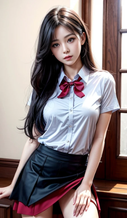 Realistic, High resolution, 1 Female, alone, Hip Up,Displaying the viewer, (Detailed face), Black Hair,Red eyes ,Black skirt of uniform ,Detailed faceスーパー4K