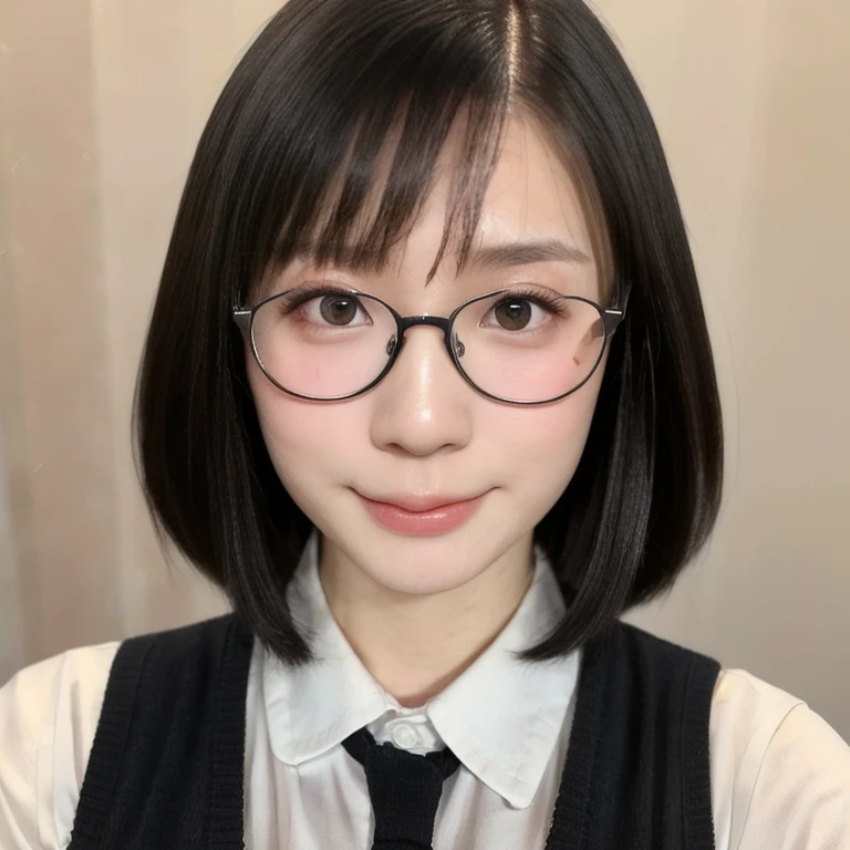 (kawaii 24year-old Japanese girl, Nogizaka idol, Korean idol), (glossy black hair, very short hair, pixie cut:1.3), (rounded face, black eyes, single eyelid, no makeup, soft smiling:1.2), (wearing glasses, cream colored knitted vest, silky white collared shirt:1.3), (flat chest, extra small breasts:0.8), (looking at viewer:1.2), BREAK, (sunny day outside background:1.3), (view from forward, portrait, close shot:1.3), BREAK, (masterpiece, best quality, photo realistic, official art:1.4), (UHD, 8K quality wallpaper, high resolution, raw photo, golden ratio:1.2), (shiny skin), professional lighting, physically based rendering, award winning, (perfect anatomy, highly detailed skin, extremely detailed face and eyes), Carl Zeiss 85 mm F/1.4, depth of field, 1girl, solo,