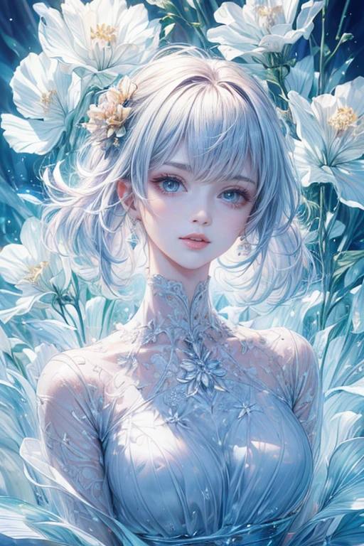 (The best quality at its best, 8k, CG, Beautiful and exquisite upper body, Lonely, Thumb Girl, Transparent court dress, Floral forest background, Complex facial features, length, Floated hair, Almond Eyes, Exquisite eye makeup, length eyelashes fluttering, Blinking big eyes, Starry Sky, Delicate lip detail, Soft and harmonious style)