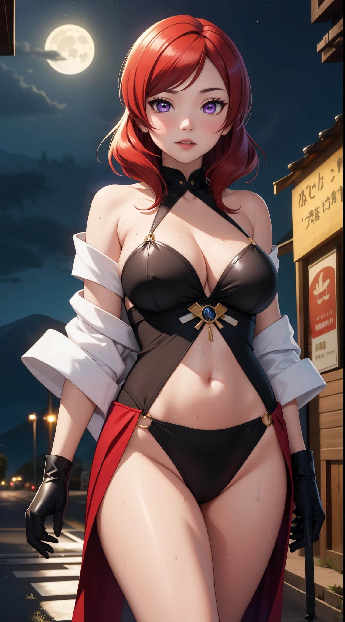 (Masterpiece, Best Quality, High Quality), facing viewer,volumetric lighting, illustration, beautiful, perfect lighting, perfect shadows,Nishikino maki , cowboy shot, white kimono, halter neck, cleavage, side breasts, gloves,bare hips , thighs, pelvic curtain , in street , solo, (standing:0.8), purple eyes ,red hair ,in mountains,under moonlight ,(moist skin:1.2),(shiny skin:1.1), moonlight, night 