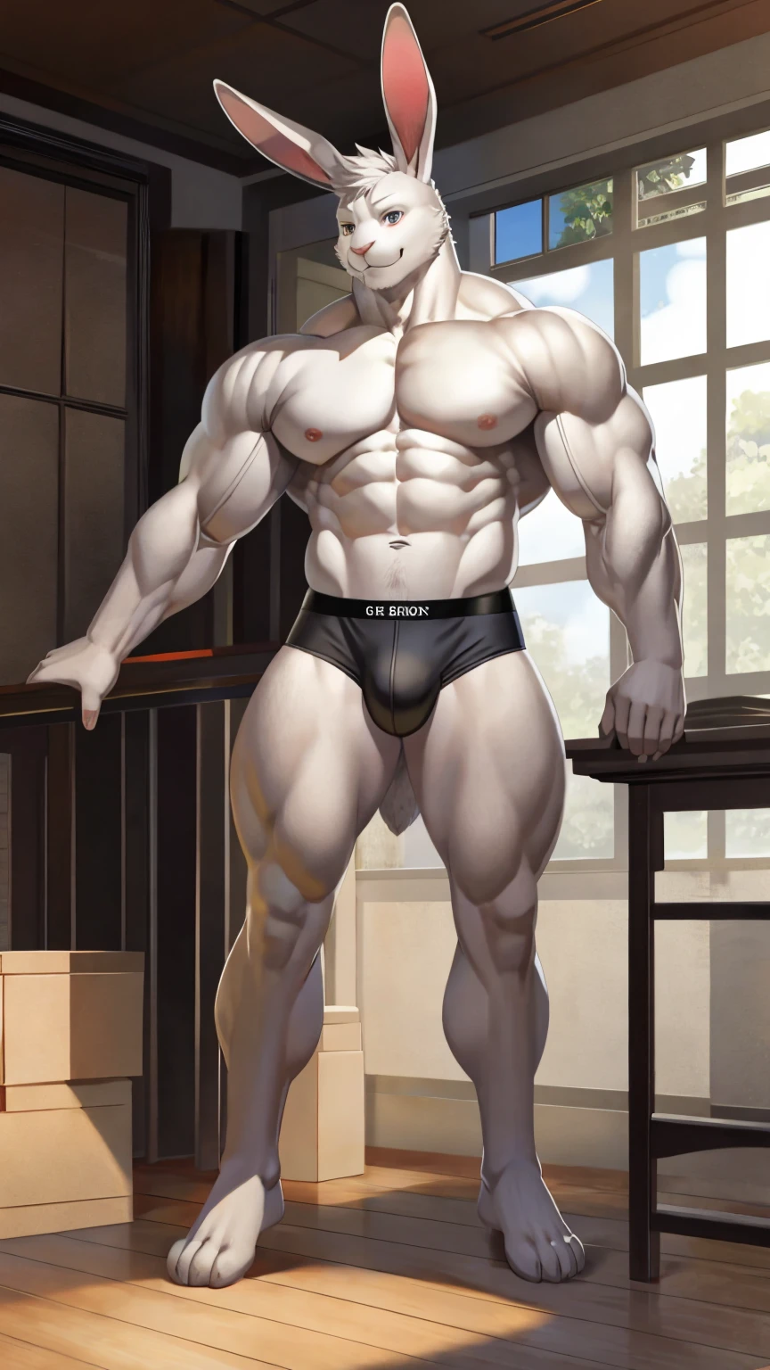 Medium muscular, rabbit, light gray, light gray rabbit, rabbit in underwear, black underwear, box underwear, long ears, posing, with short tail, anatomy, good anatomy, perfect anatomy, male anatomy, perfect body, full body, waist, strong legs, feet, By raccoon21