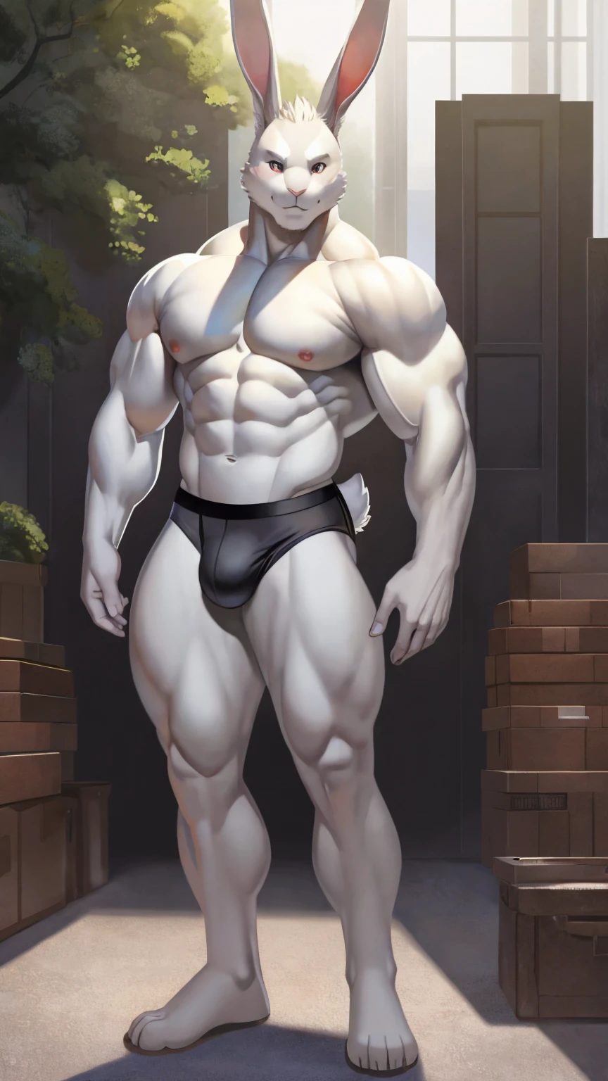 Medium muscular, rabbit, light gray, light gray rabbit, rabbit in underwear, black underwear, box underwear, long ears, posing, with short tail, anatomy, good anatomy, perfect anatomy, male anatomy, perfect body, full body, waist, strong legs, feet, By raccoon21