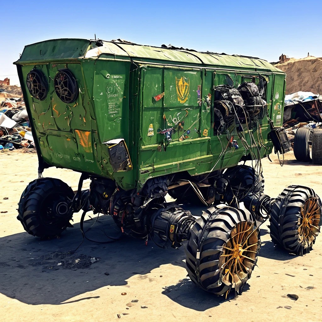 Insectoid robots made of garbage and scrap scour van apocalyptic wasteland scavenging for useful parts