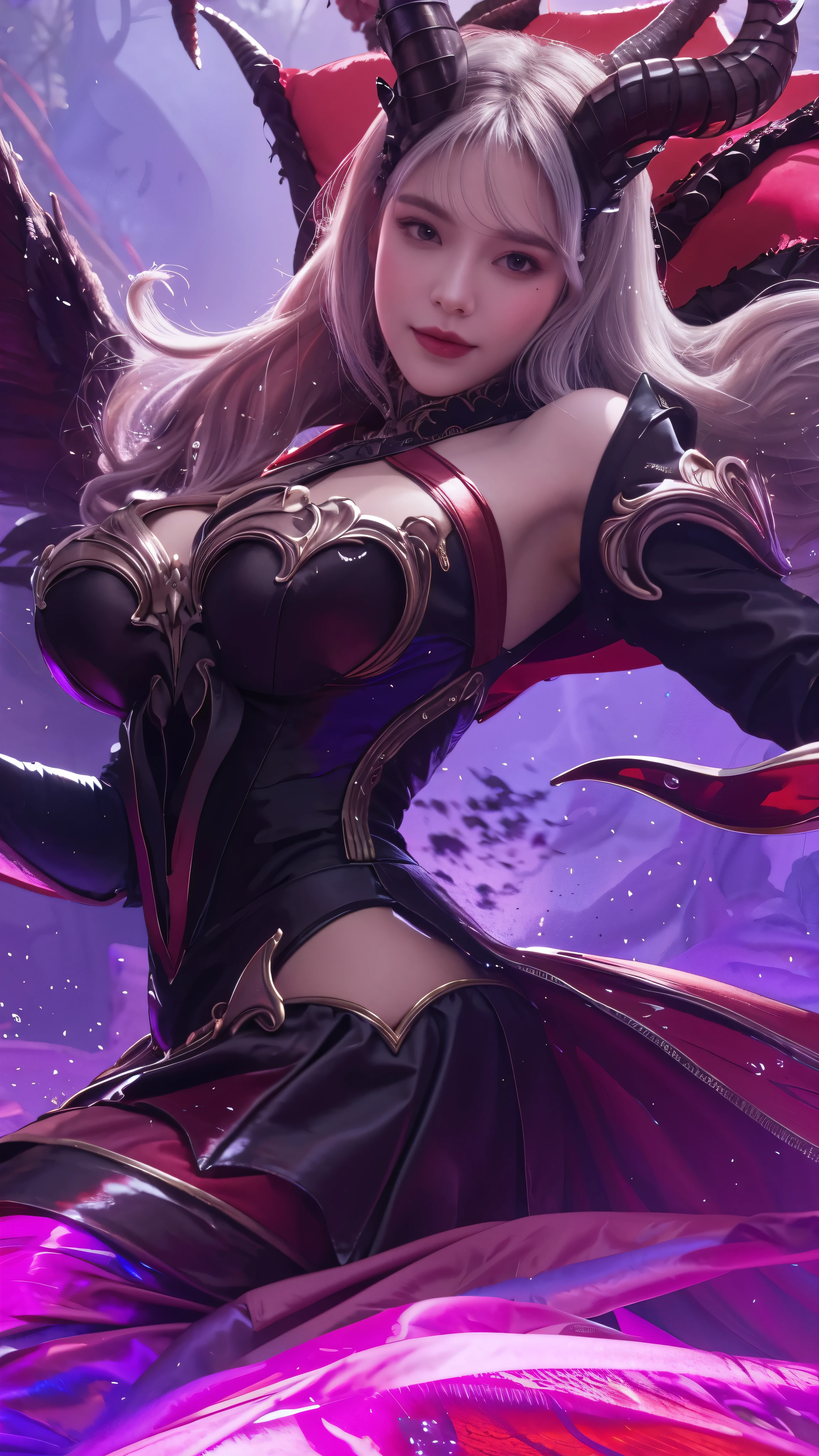 (best quality,4k,highres,masterpiece:1.2),ultra-detailed,(realistic,photorealistic,photo-realistic:1.37),vivid colors,dreamy lighting
woman,horns,dress,beautiful detailed eyes,beautiful detailed lips,extremely detailed eyes and face,artgerm style,artgerm detailed,fantasy,dreamy atmosphere,ethereal,detail-rich,horned woman,dark background,splash of colors,glowing accents,artistic expression,artistic flair,gorgeous,painting-like,elegant,feminine,graceful,portrait painting,stylized,enchanted,mythical creature,fantasy fashion,ethereal beauty,fashion illustration,unique fashion design,ornate dress,flowing gown,ruffled sleeves,artistic interpretation,imagination unleashed,expressive brushstrokes,dreamlike quality,intricate facial features,heart-shaped face,dreamy pose,serene expression,curly hair,flowing locks,surreal ambiance,dreamy artgerm inspired illustration,artist's vision,expressive details, radiant smile, silver hair