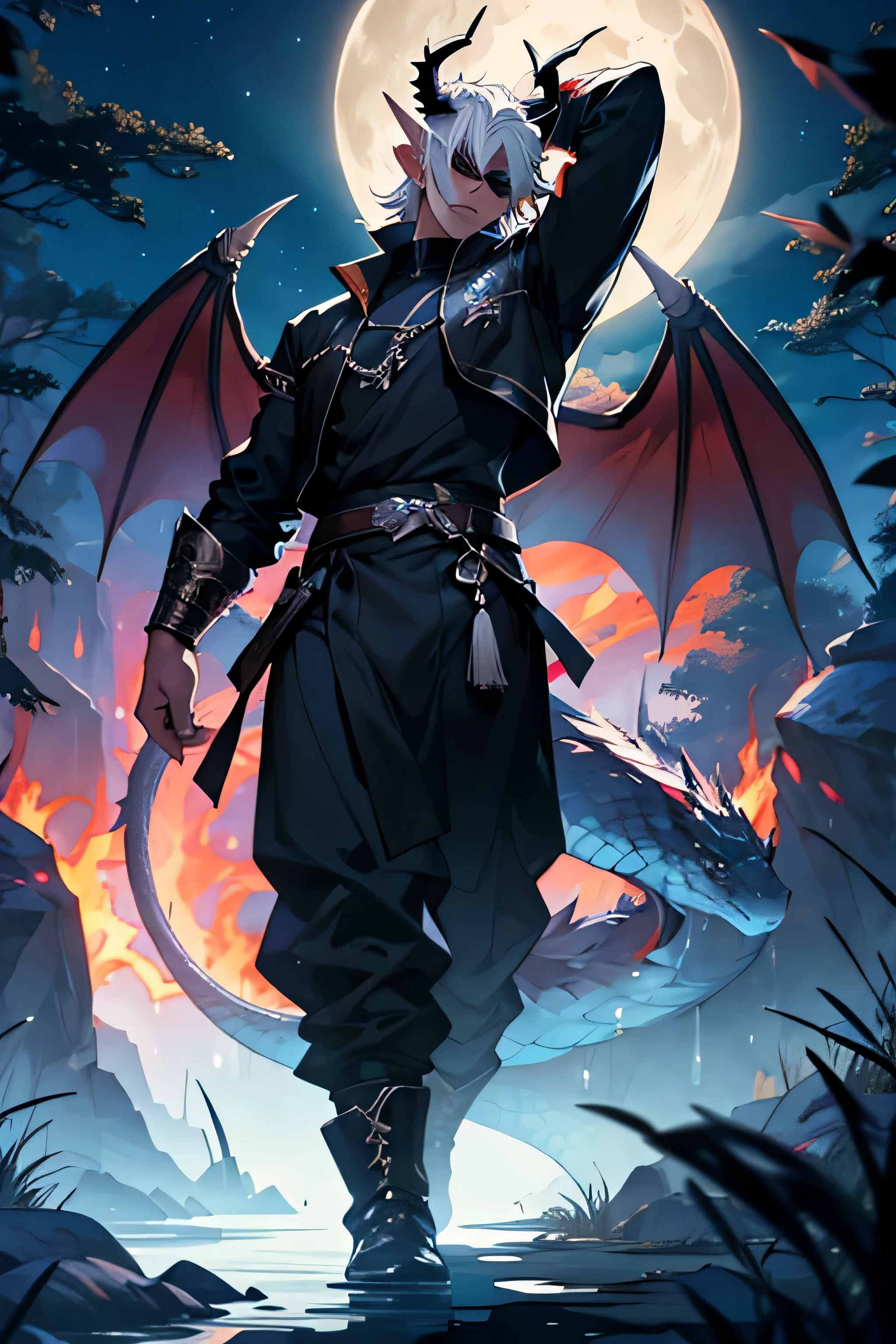 The protagonist is a male demi-human, who possesses a fascinating blend of human and dragon characteristics. He's got horns on his head, wings on his back, and a dragon tail, all of which are magnificently displayed on his caramel-colored, scaly skin. His ocean-blue eyes and long, flowing white hair add to his stunning appearance. He dons a black outfit with dark shades that complement his skin tone.
The scene is set in a vast forest at night, featuring numerous trees, rocks, and grass in the background. The gothic backdrop and the black sky adorned with multiple stars and a moon give the forest a mystical aura. The protagonist is often referred to as a guy, dude, or dragon man.
Smoke and fire emanate from his mouth, while his tongue is shaped like a snake and sticking out. His pointed ears, which resemble those of an elf, along with his short, pointy ears, add a unique touch to his appearance.