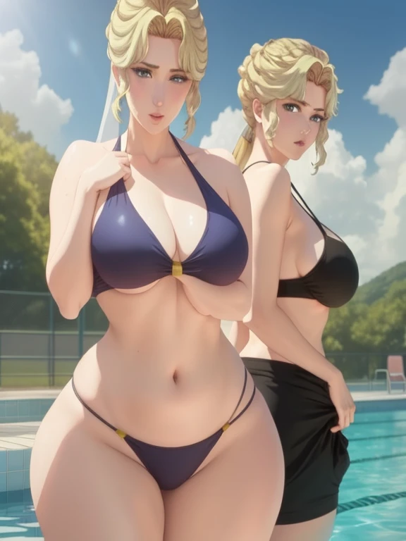 masterpiece, best quality, Super detailed, 1 Girl, Upper Body, Long hair, Blonde hair, French braid, blue eyes, Bangs, Wearing a bikini,Water droplets on the body while swimming， fashionable, (Sagging breasts、Cleavage, cleveage、Thick thighs)), Perfect body, It’s cool to see the audience’s attitude, Tsunade \(shippuden\)
