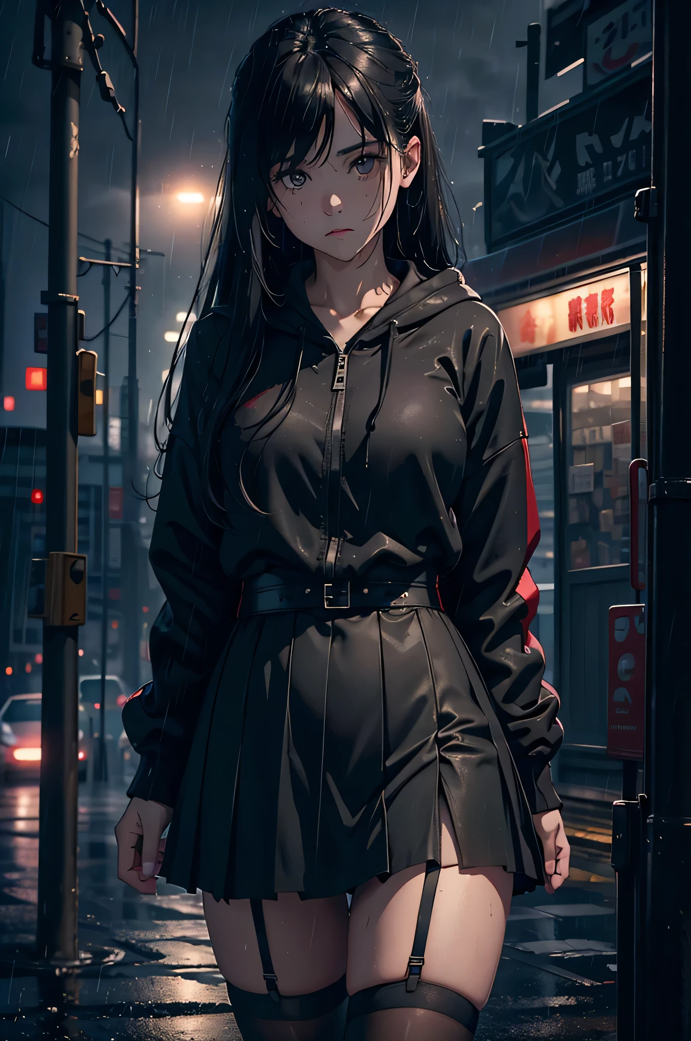 8K，tmasterpiece，Best quality，hyper-detailing，realistically，realistically，Extremely detailed face，Movie Lighting，Movie Lighting，ray traycing，unlit hair， On cloudy streets，Corner store，Bus stop，Buoggy and heavy rain，Girl with long black hair and black eyes.。She is wearing a red hooded jacket，White color blouse，Short black skirt and black garter belt，Clothes soaked by rain，Black exposure，depth of fieldtent ），Cinema lens lighting