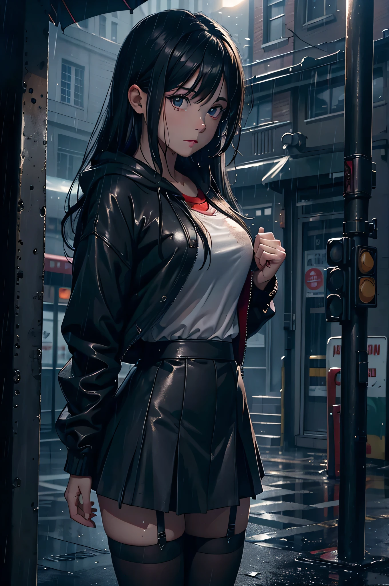8K,tmasterpiece,Best quality,hyper-detailing,realistically,realistically,Extremely detailed face,Movie Lighting,Movie Lighting,ray traycing,unlit hair, On cloudy streets,Corner store,Bus stop,Buoggy and heavy rain,Girl with long black hair and black eyes.。She is wearing a red hooded jacket,White color blouse,Short black skirt and black garter belt,Clothes soaked by rain,Black exposure,depth of fieldtent ),Cinema lens lighting