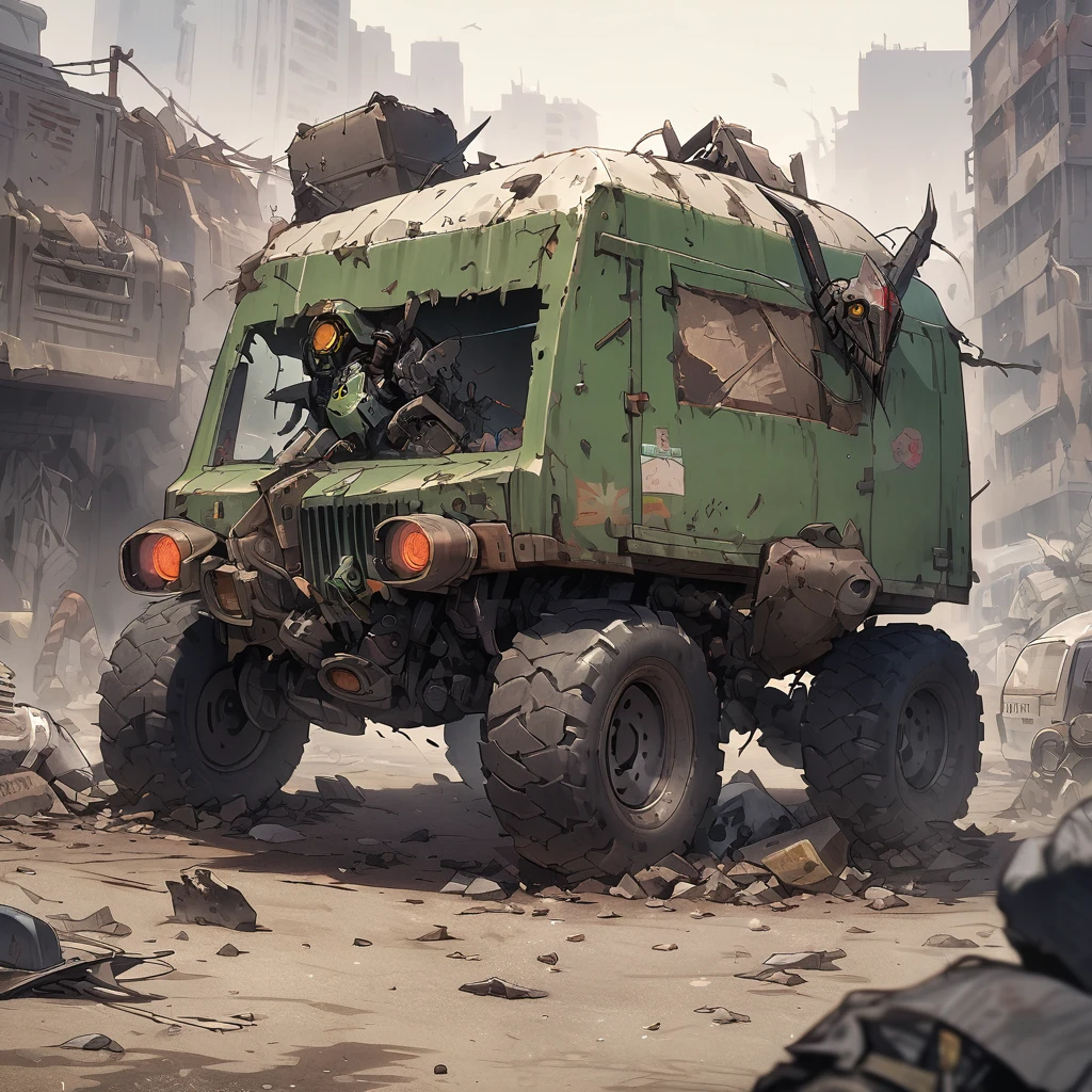 Insectoid robots made of garbage and scrap scour van apocalyptic wasteland scavenging for useful parts