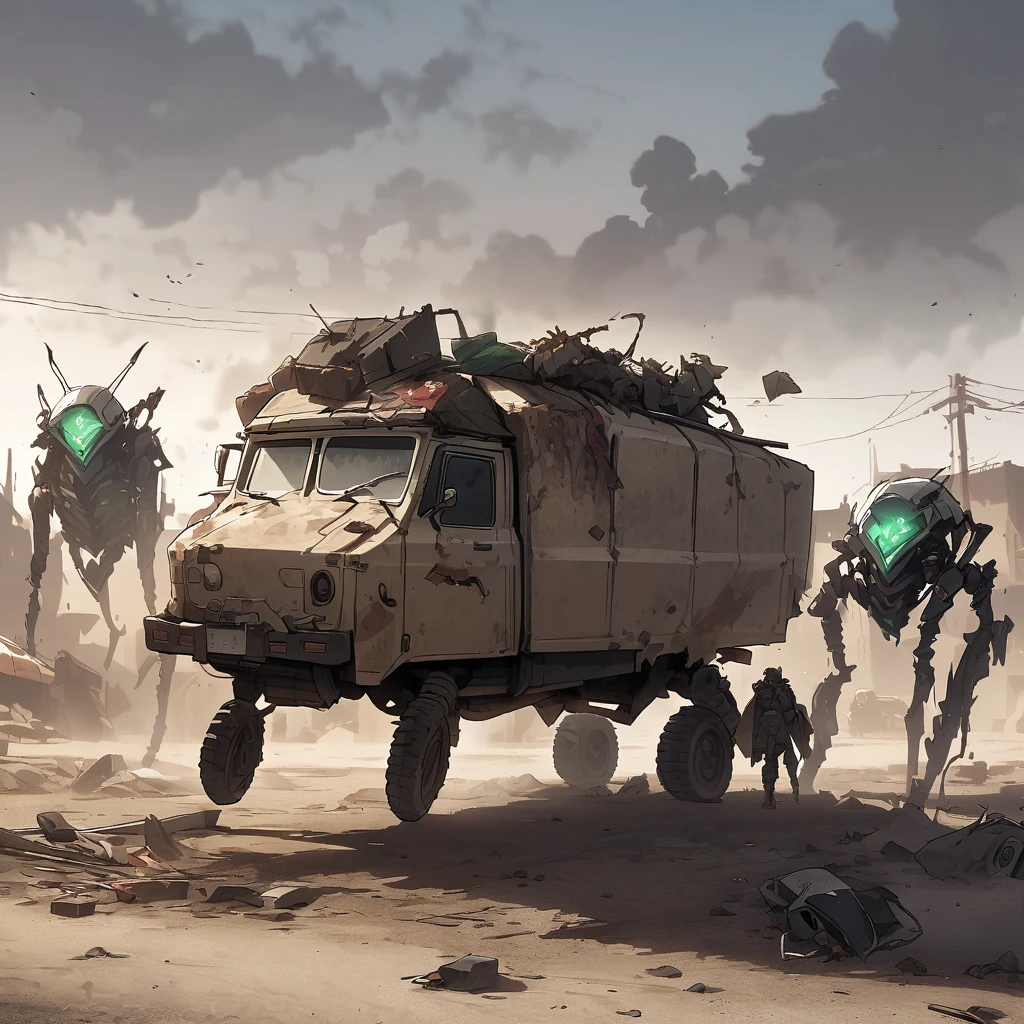 Insectoid robots made of garbage and scrap scour van apocalyptic wasteland scavenging for useful parts
