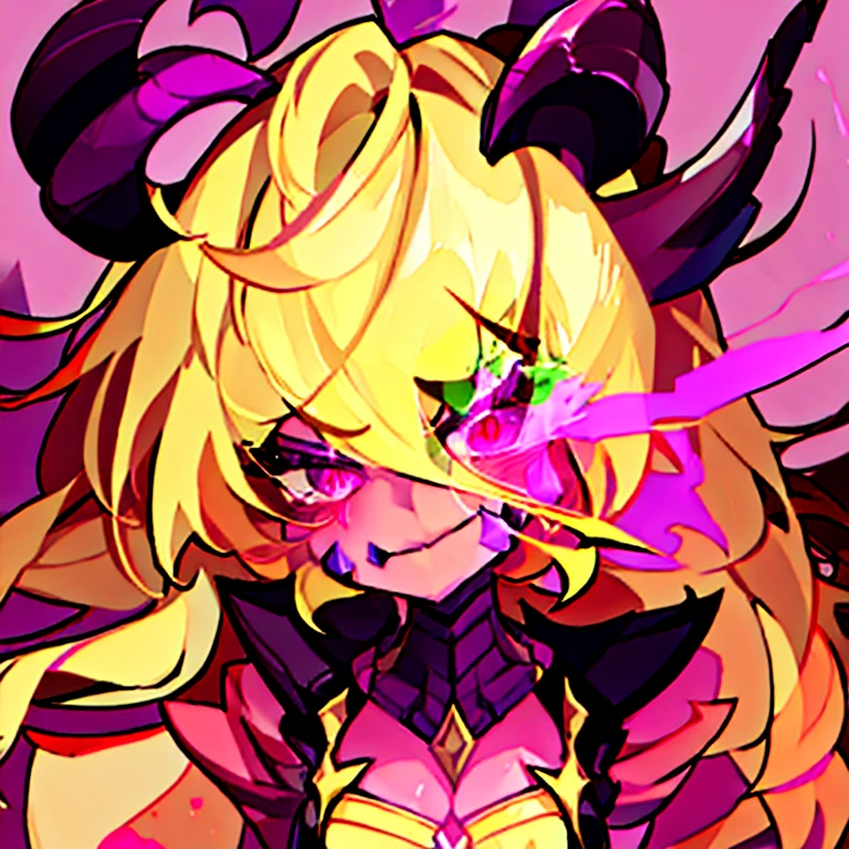 Solo, 1girl, bbeth, demon horns, yellow hair, purple eyes, closed clothing, business suit, flaming eyes,crazy glowing eyes,psycho smirk, blood tears fluffy hair, chibi,