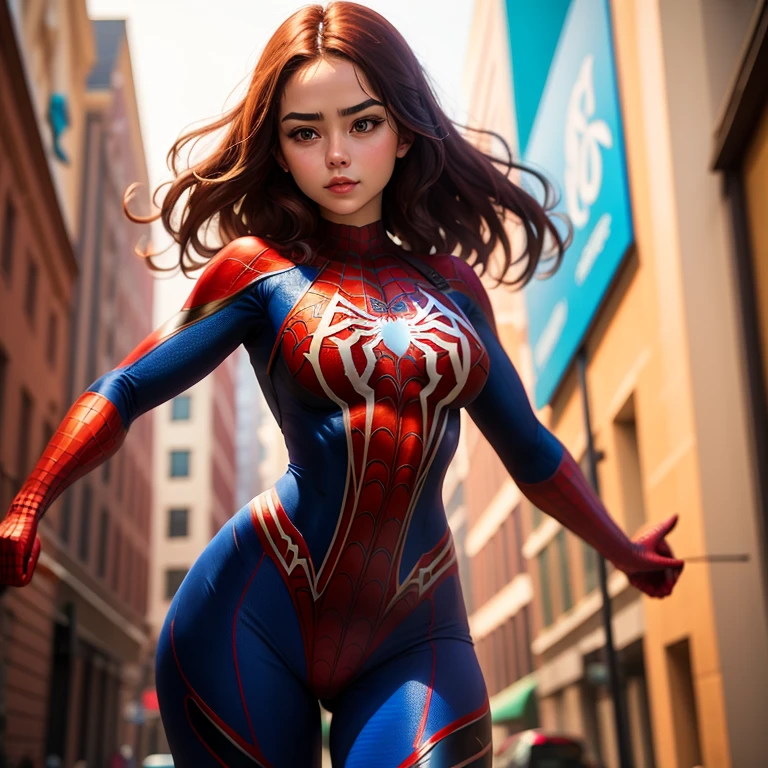 Beautiful detailed woman defined body wearing spiderman cosplay, senos grandes