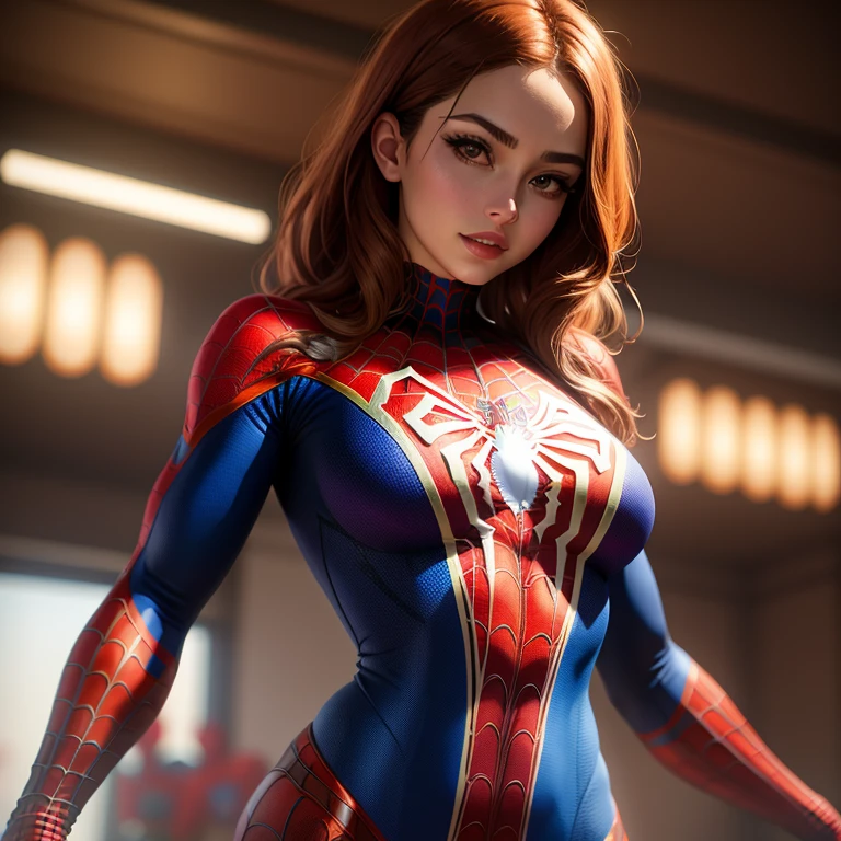 Beautiful detailed woman defined body wearing spiderman cosplay, senos grandes