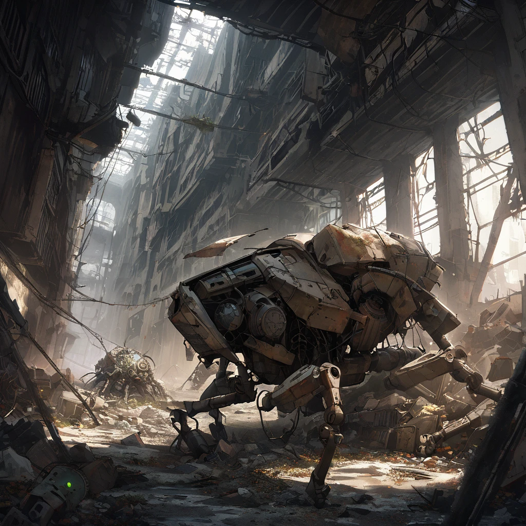 (best quality,highres),insectoid robots made of garbage and scrap,scouring an apocalyptic wasteland,finding useful parts,ruined environment,desolate landscape,dusty atmosphere,harsh sunlight,abandoned structures,dilapidated buildings and vehicles,destroyed cityscape,wreckage and debris,post-apocalyptic setting,mechanical insects crawling and flying,circuitry and wires exposed,mismatched metal parts,rusty and worn exteriors,detailed mechanical joints and limbs,dimly lit corridors,ominous shadows,unexpected beauty in the decay,futuristic technology,sharp edges and angles,unique and unconventional designs,gritty and industrial aesthetic,unconventional color palette,dystopian atmosphere,creative and resourceful,salvaged treasures and hidden gems,storytelling through visuals,visual narrative,evoking a sense of wonder and curiosity.