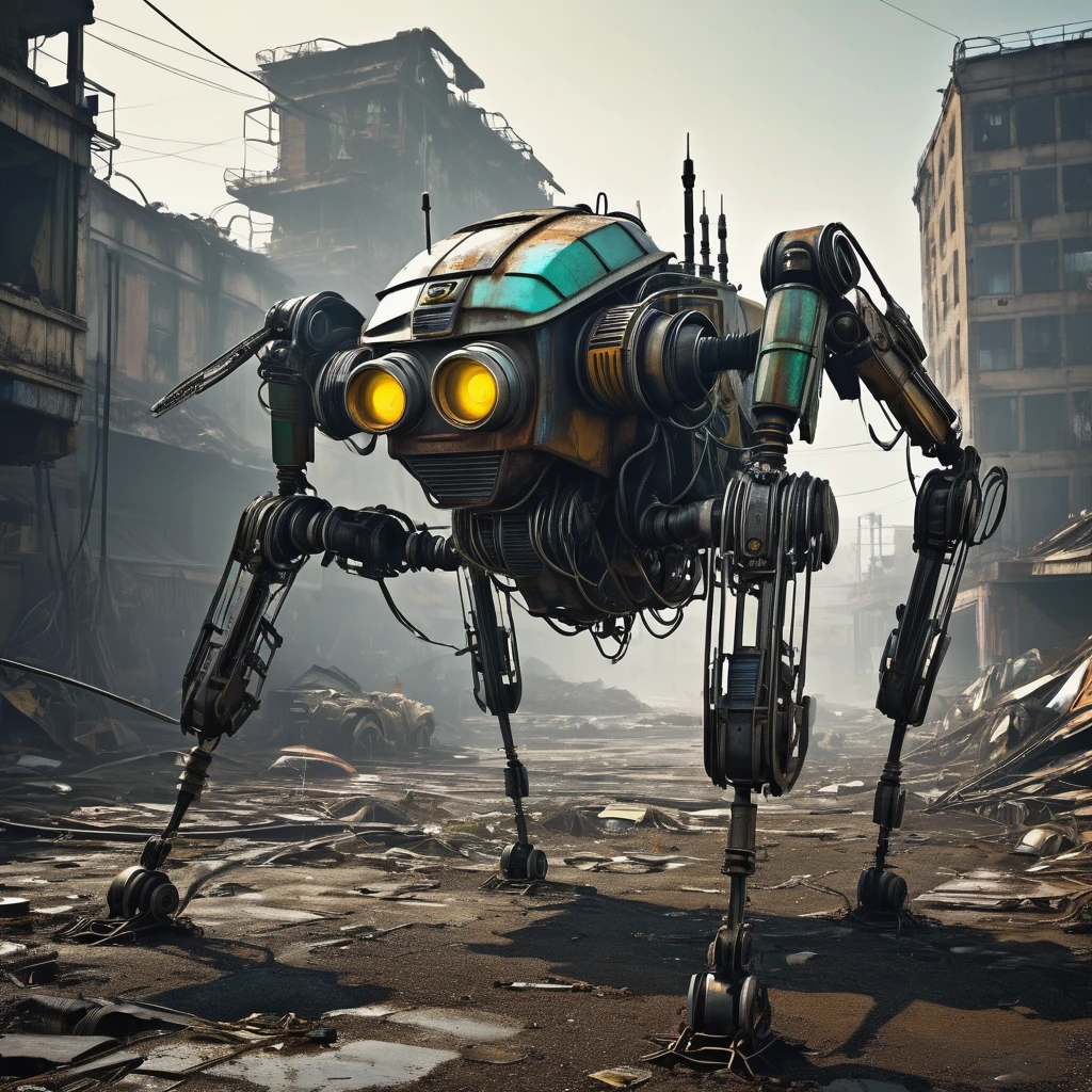 (best quality,highres),insectoid robots made of garbage and scrap,scouring an apocalyptic wasteland,finding useful parts,ruined environment,desolate landscape,dusty atmosphere,harsh sunlight,abandoned structures,dilapidated buildings and vehicles,destroyed cityscape,wreckage and debris,post-apocalyptic setting,mechanical insects crawling and flying,circuitry and wires exposed,mismatched metal parts,rusty and worn exteriors,detailed mechanical joints and limbs,dimly lit corridors,ominous shadows,unexpected beauty in the decay,futuristic technology,sharp edges and angles,unique and unconventional designs,gritty and industrial aesthetic,unconventional color palette,dystopian atmosphere,creative and resourceful,salvaged treasures and hidden gems,storytelling through visuals,visual narrative,evoking a sense of wonder and curiosity.