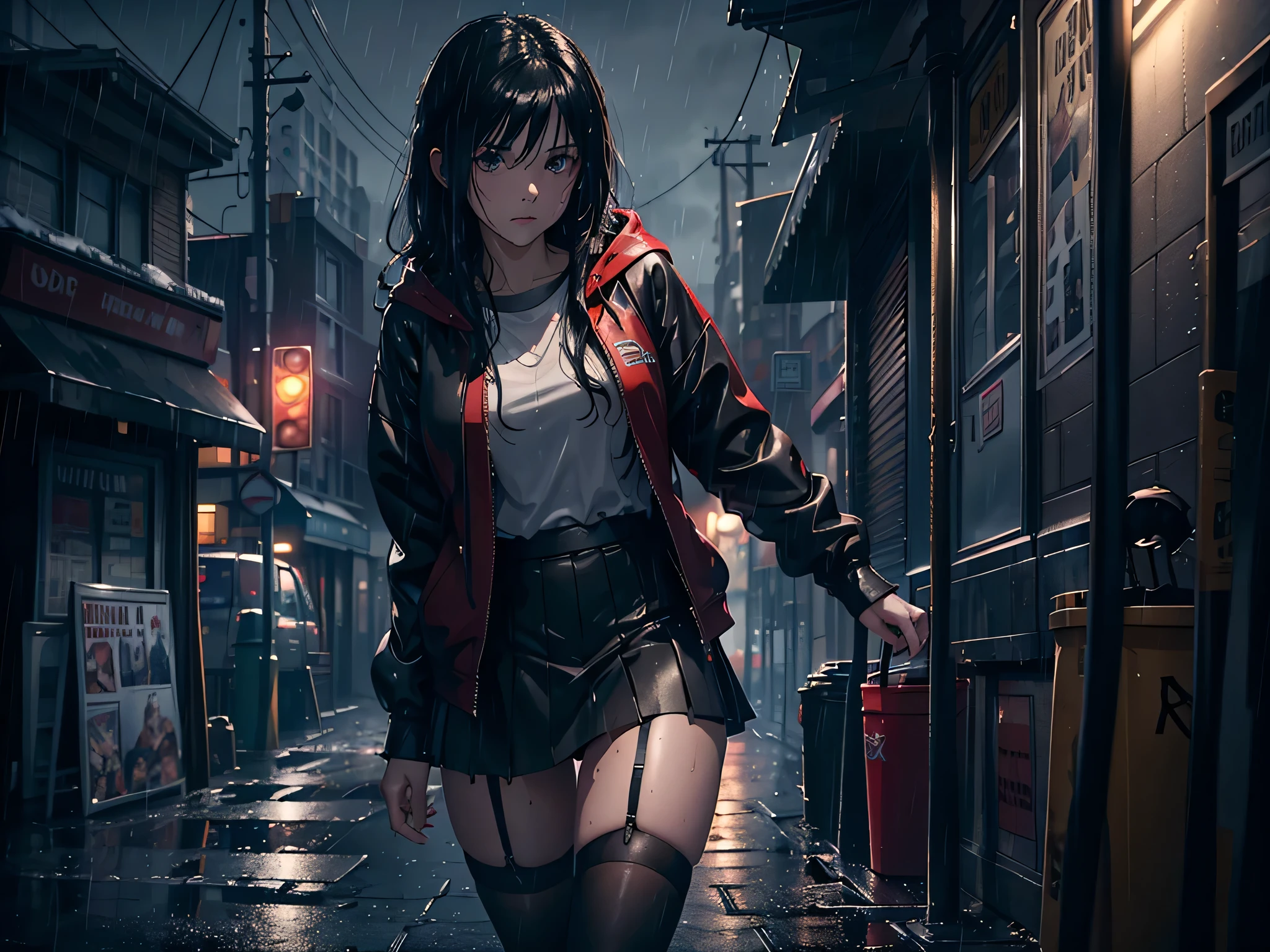 8K，tmasterpiece，Best quality，hyper-detailing，realistically，realistically，Extremely detailed face，Movie Lighting，Movie Lighting，ray traycing，unlit hair， On cloudy streets，Corner store，Bus stop，Buoggy and heavy rain，Girl with long black hair and black eyes.。She is wearing a red hooded jacket，White color blouse，Short black skirt and black garter belt，Clothes soaked by rain，Black exposure，depth of fieldtent ），Cinema lens lighting