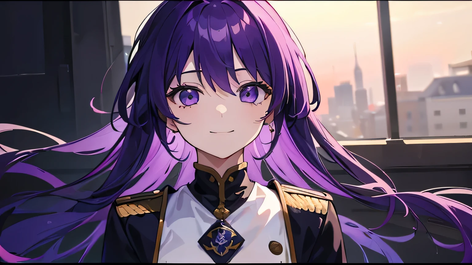 (T Masterpiece,4k wallpaper,Best Quality))、((girl1people))、(solo)、Bright and Brilliant,(Purple Hair)、(Shortcuts:1.3)、smile、Devastation、uniform